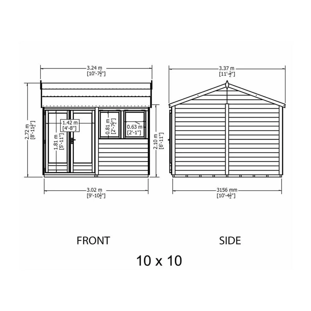 Shires Shire 10x10 ft Double Door with Two Opening Windows Garden Summerhouse in Brown 4