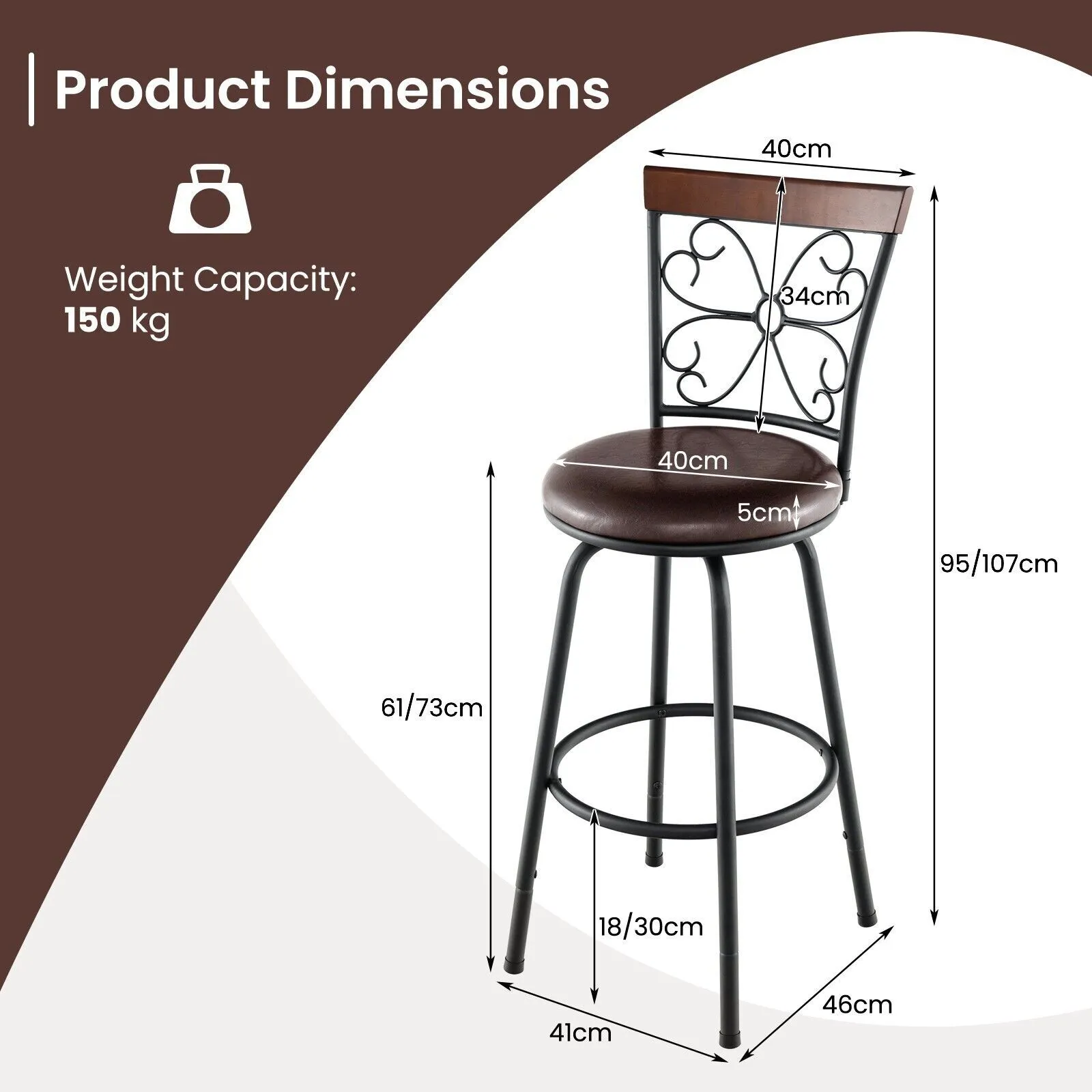 Costway Set of 2 Bar Stool Adjustable Height Swivel Kitchen Dining Chair in Brown 2
