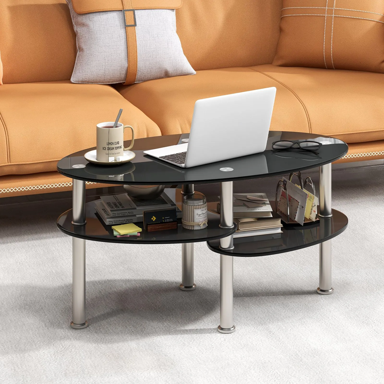 Costway 3-Tire Modern Oval Tea Table Smooth Glass Coffee Table Sofa End Side Table in Black 2