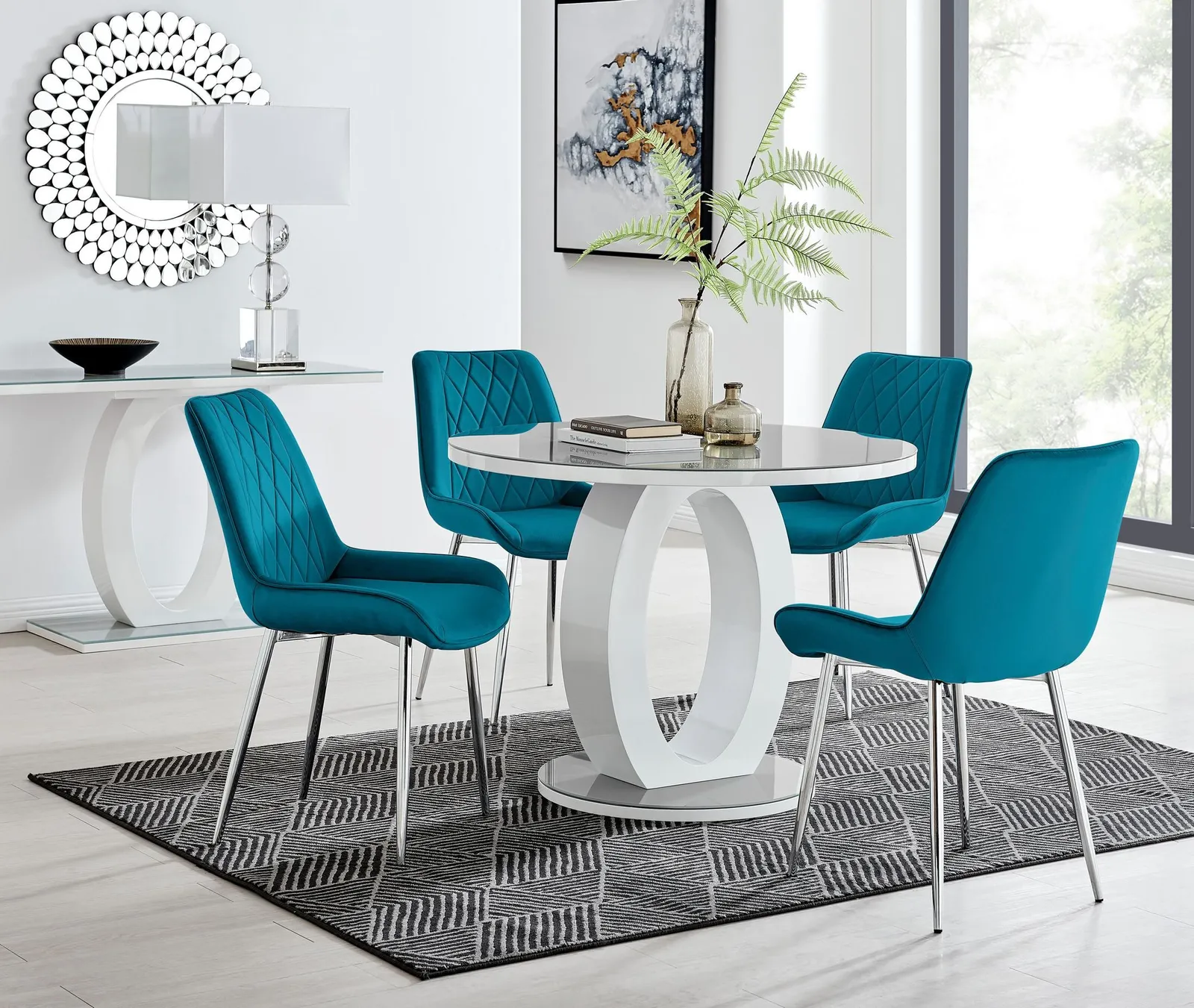 FurnitureboxUK Giovani Round 4 Seat 100cm White High Gloss Halo Base Grey Glass Top Dining Table 4 Soft Velvet Silver Leg Pesaro Chairs in Blue 1