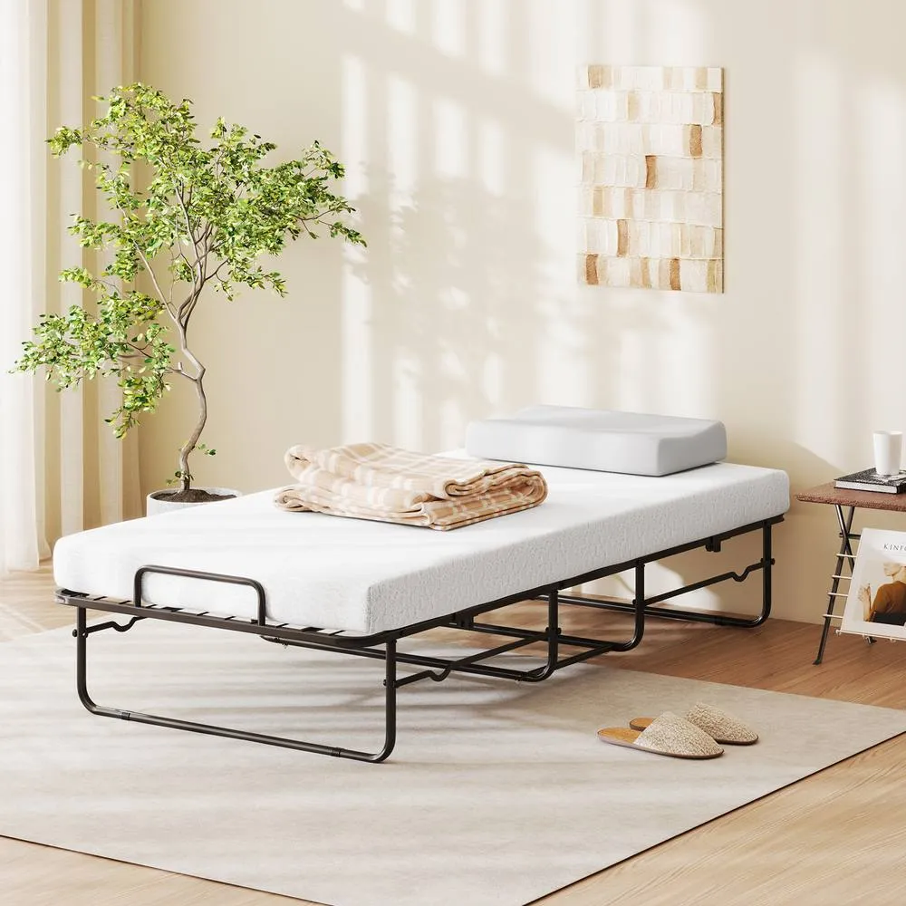Costway Folding Bed w/ Mattress Single Size Rollaway Guest Bed w/Memory Foam in White 3
