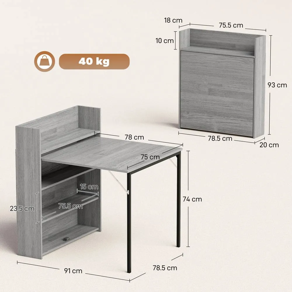 HOMCOM Folding Dining Table, Kitchen Table with Shelves Grey Wood Effect 3