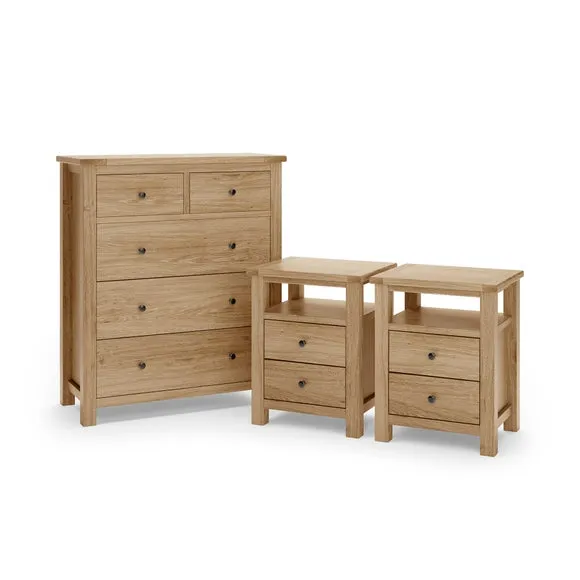 Olney Oak 5 Drawer Chest and Bedside Tables Furniture Set