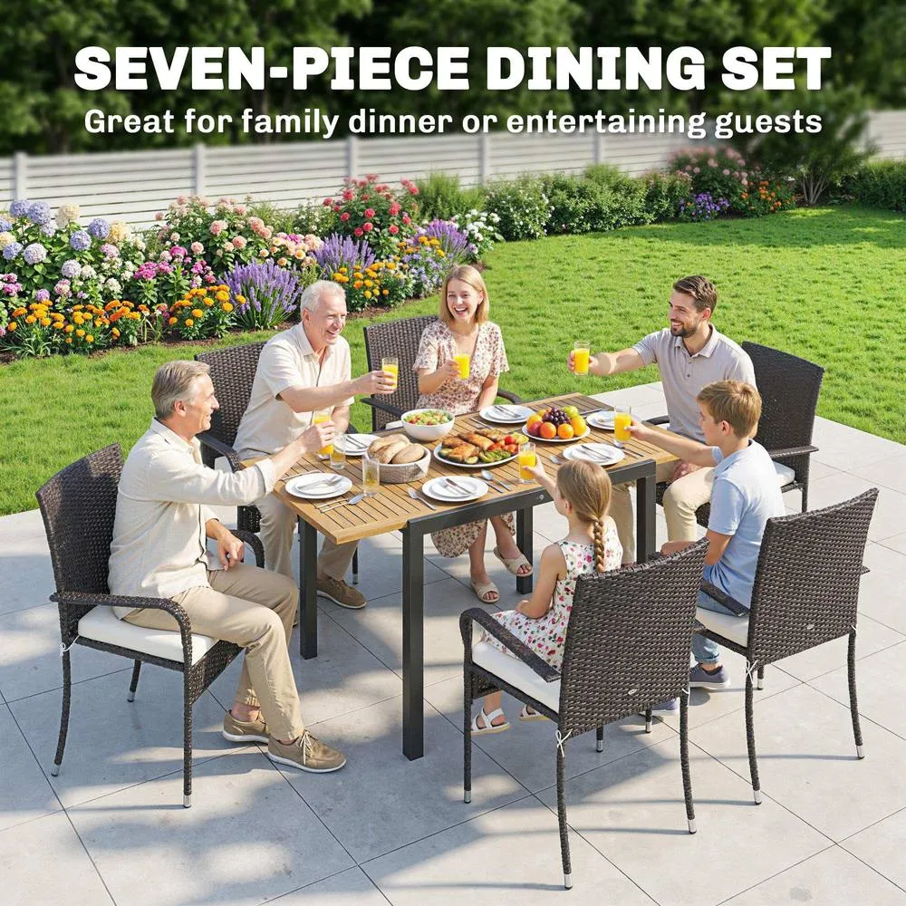 OUTSUNNY 6 Seater Rattan Garden Furniture Set with Stackable Chairs in Cream 4