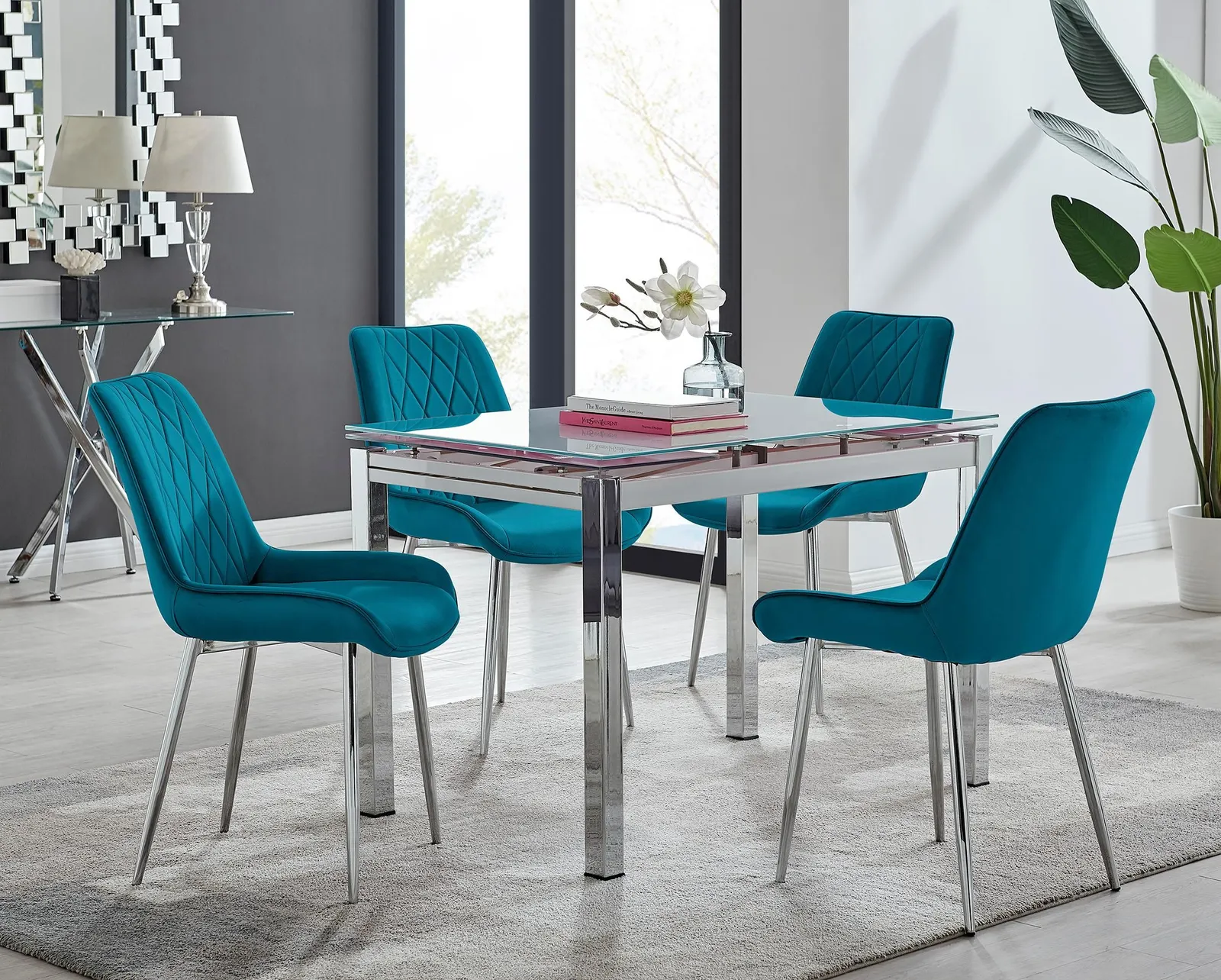 FurnitureboxUK Enna White Glass Extending 4-6 Seater Dining Table & 4 Pesaro Soft Velvet Chairs in Blue 1