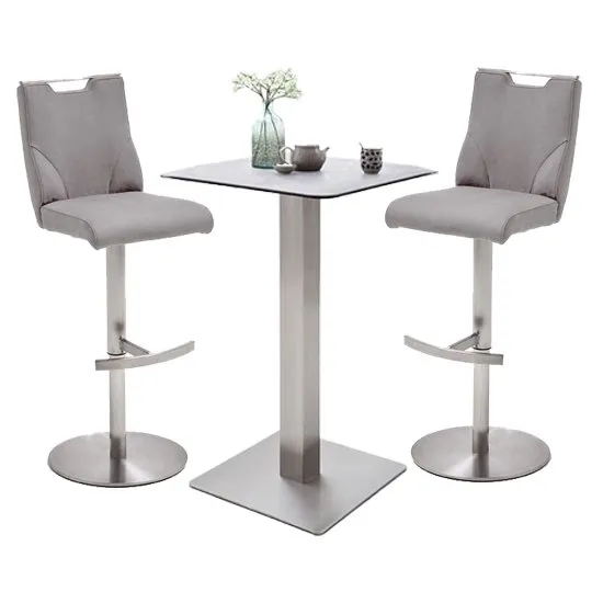 Soho Glass Bar Table With 2 Jiulia Ice Grey Leather Stools