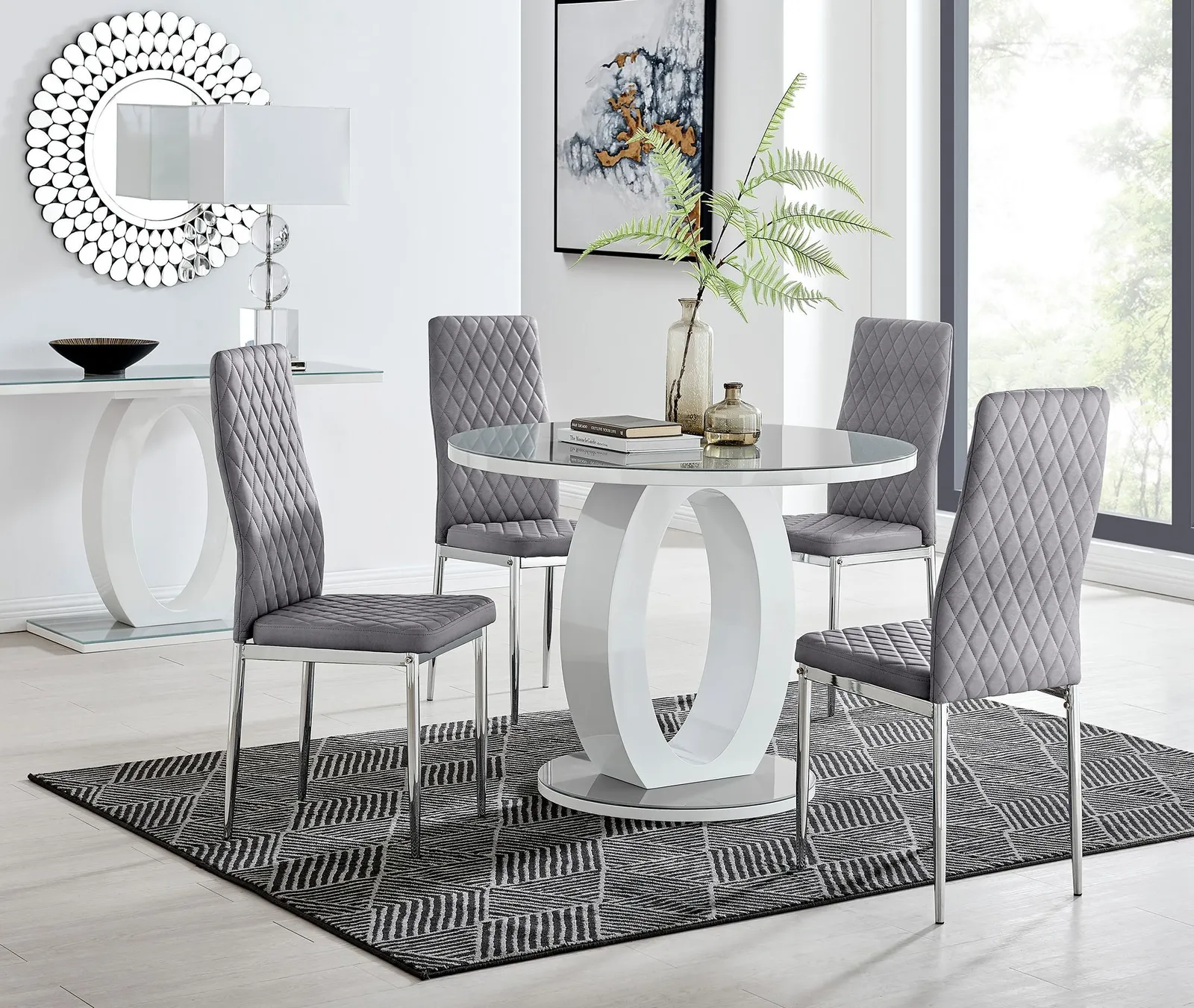 FurnitureboxUK Giovani Round 4 Seat 100cm White High Gloss Halo Base Grey Glass Top Dining Table 4 Soft Velvet Silver Leg Milan Chairs