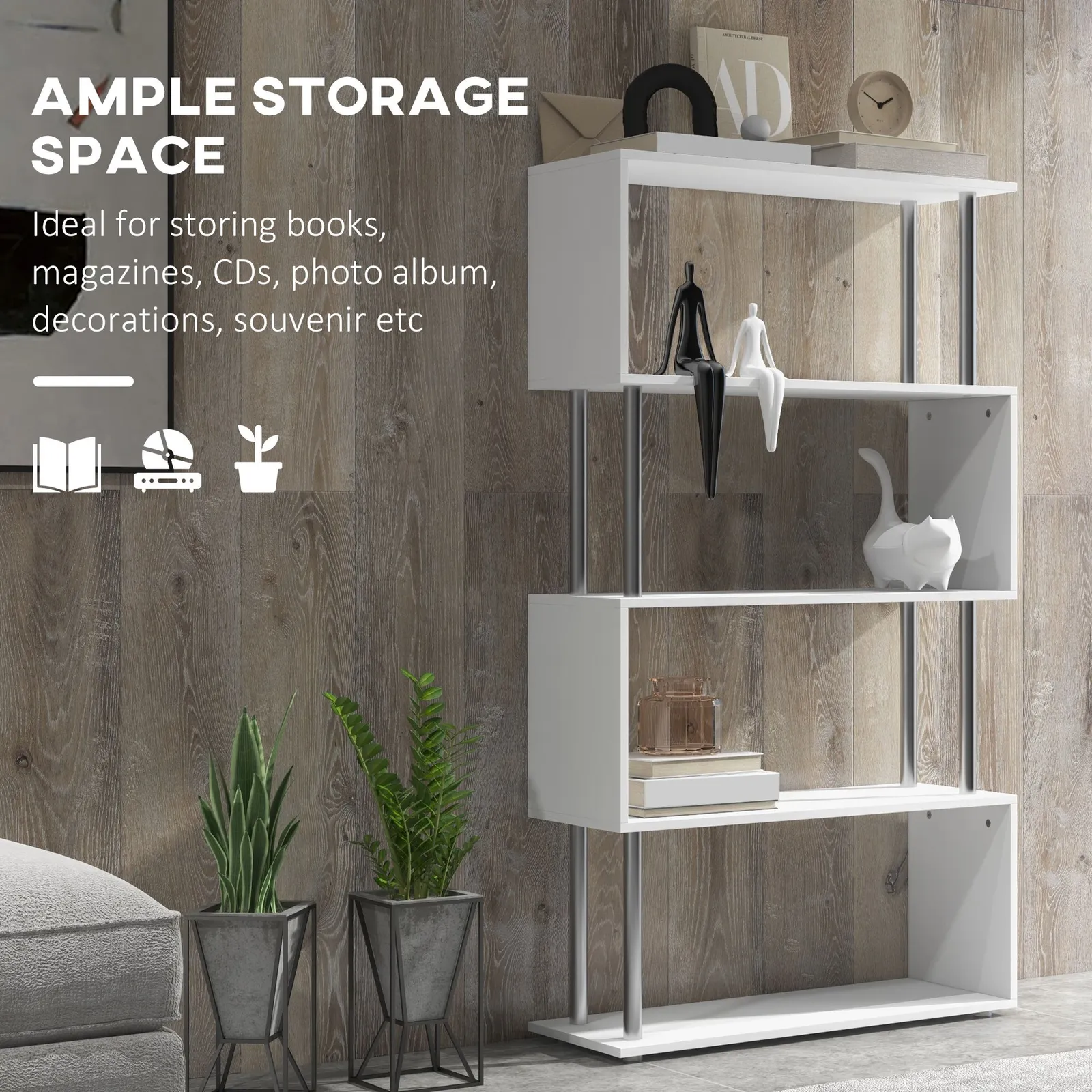 HOMCOM Wooden Storage Display Unit Bookshelf Bookcase Dividers S Shaped in White 4