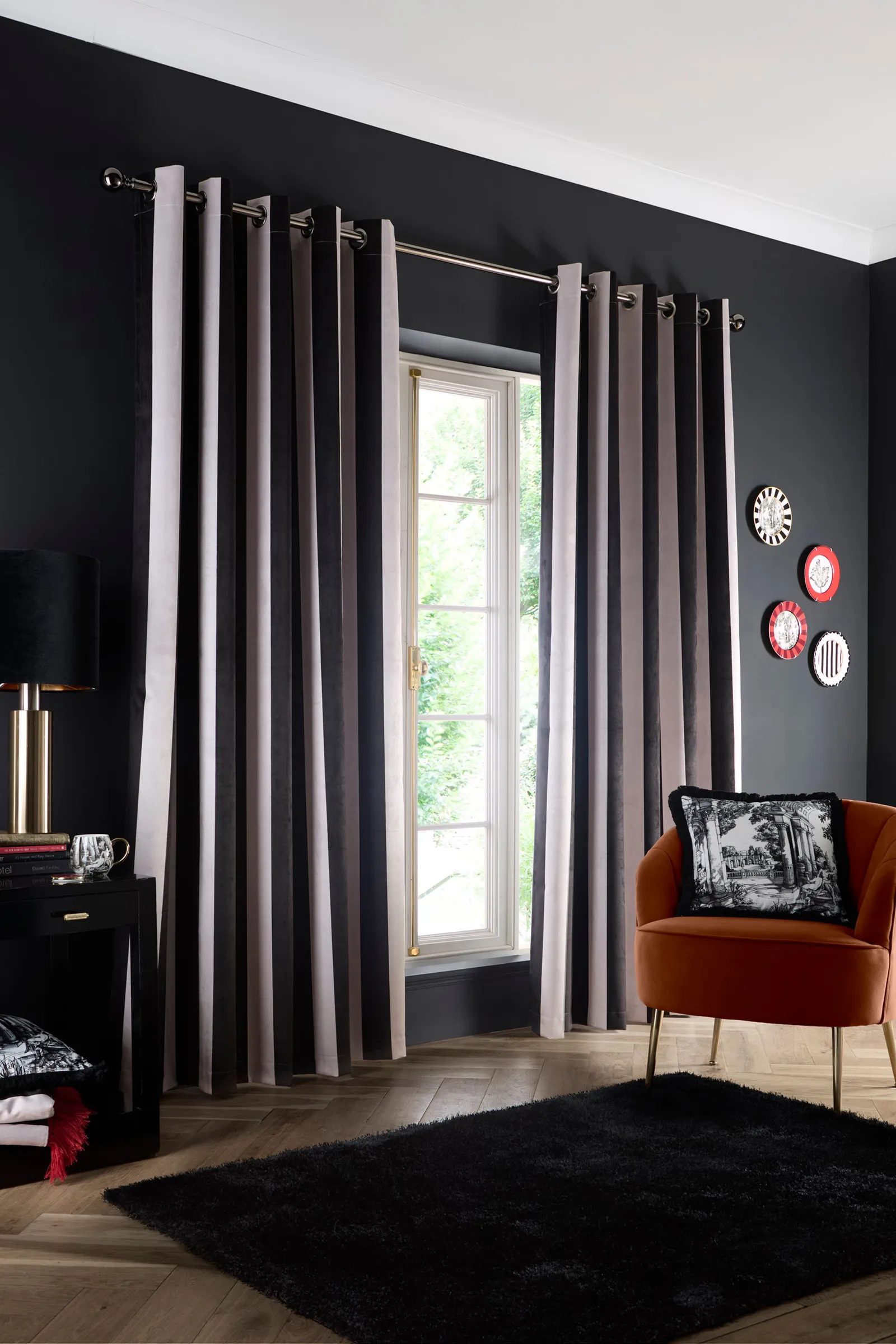 Laurence Llewelyn-Bowen 'Festivo Stripe' Striped Velvet Blackout Pair of Eyelet Curtains in Black 1