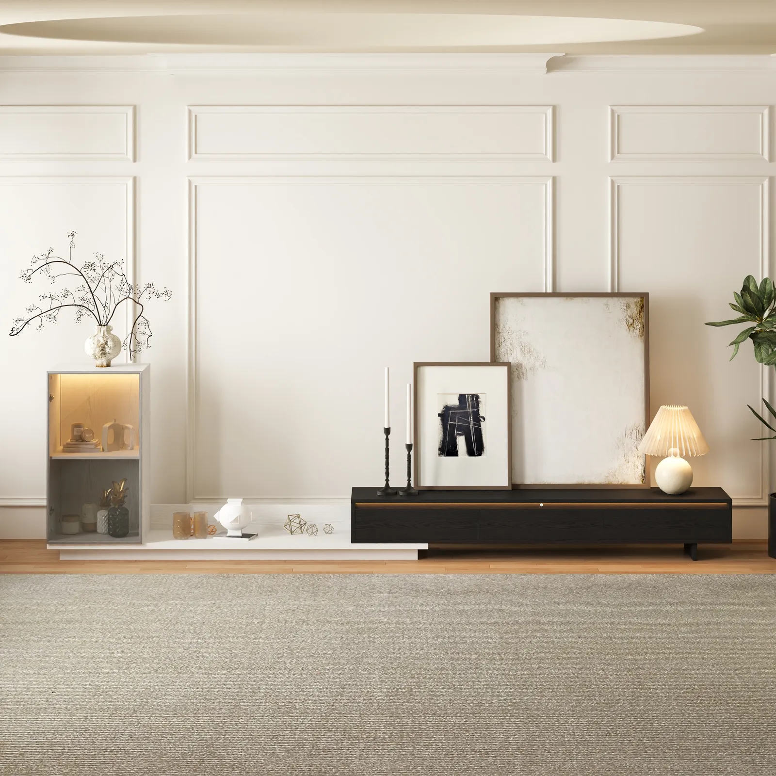 Fero White & Black Extendable TV Stand with Bookshelves & Light(250 - 390 cm)