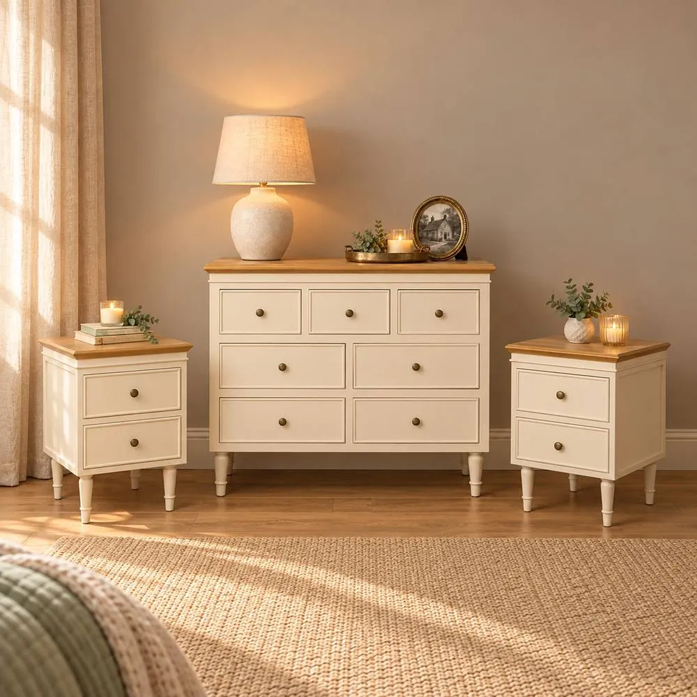 Melody Maison Chest of 7 Drawers & Pair of Bedside Tables - Claudia Range in Cream