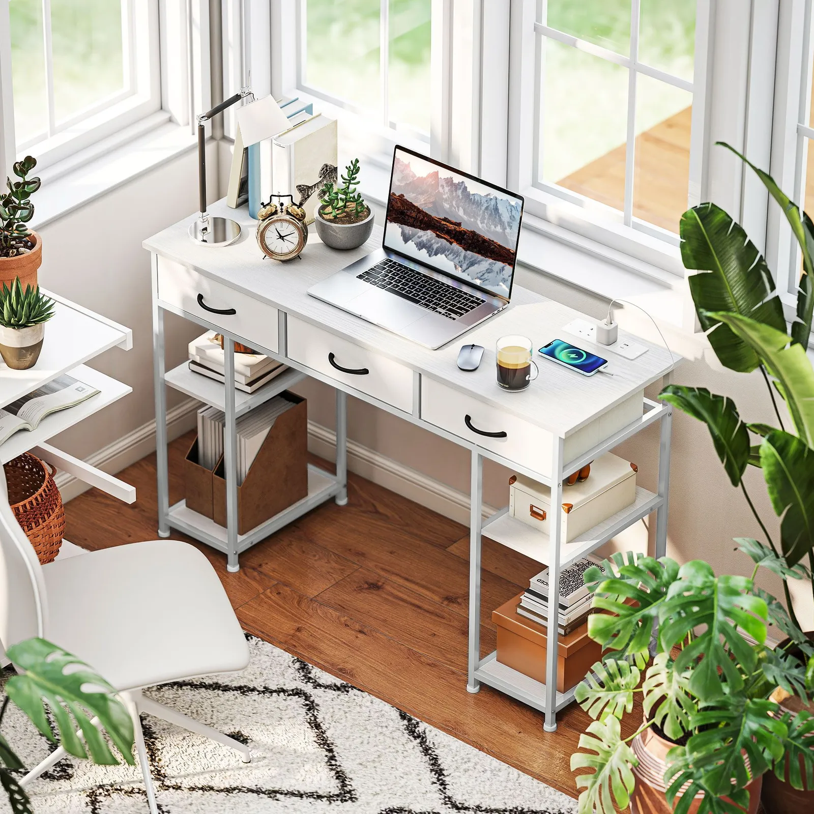 HOMCOM Computer Writing Desk with Power Outlets, Drawers, Shelves, White