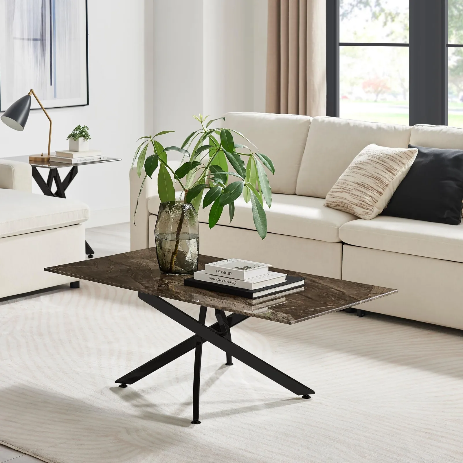FurnitureboxUK Leonardo Rectangular Marble Effect Glass Top Coffee Table With Black Metal Starburst Legs in Grey 2