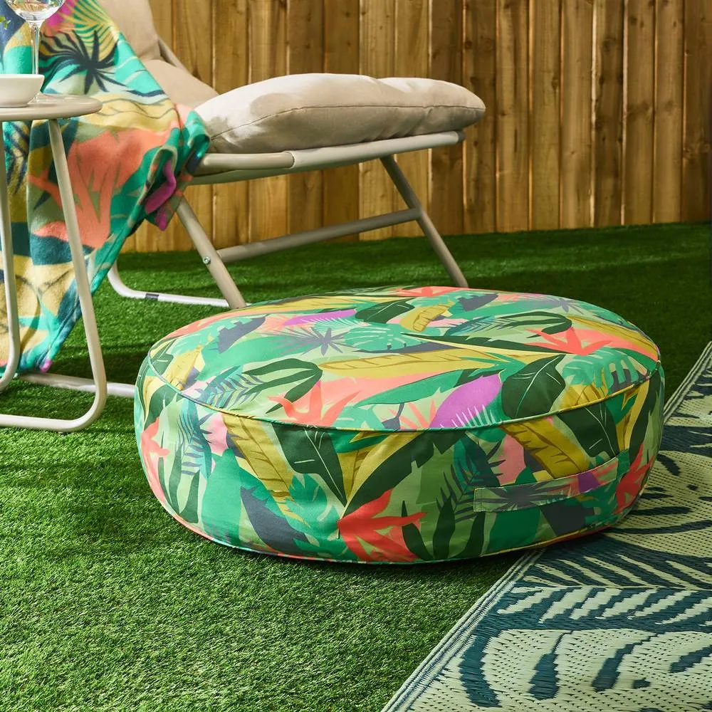 OHS Palm Print Round Outdoor Garden Cushion Water Resistant in Green