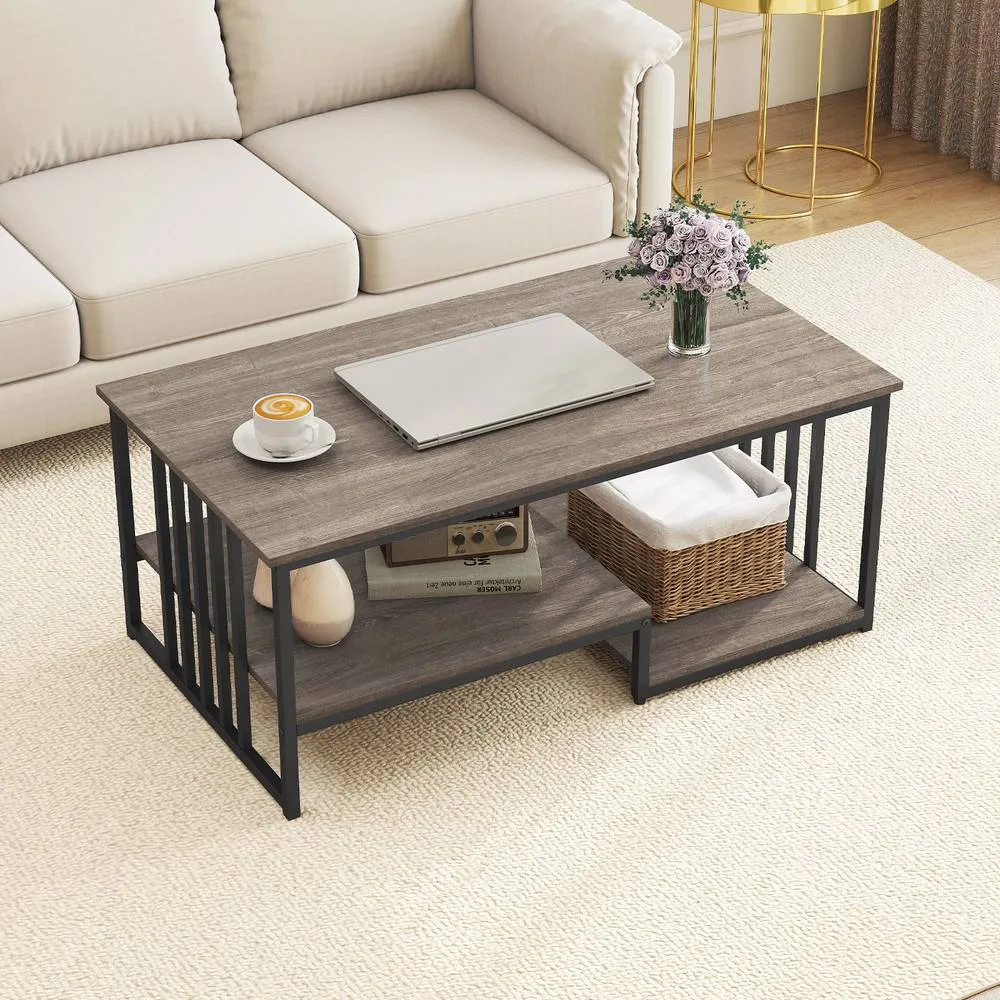 Costway Faux Marble Coffee Table Rectangular 2-Tier Center Table w/ Shelf in Grey 6