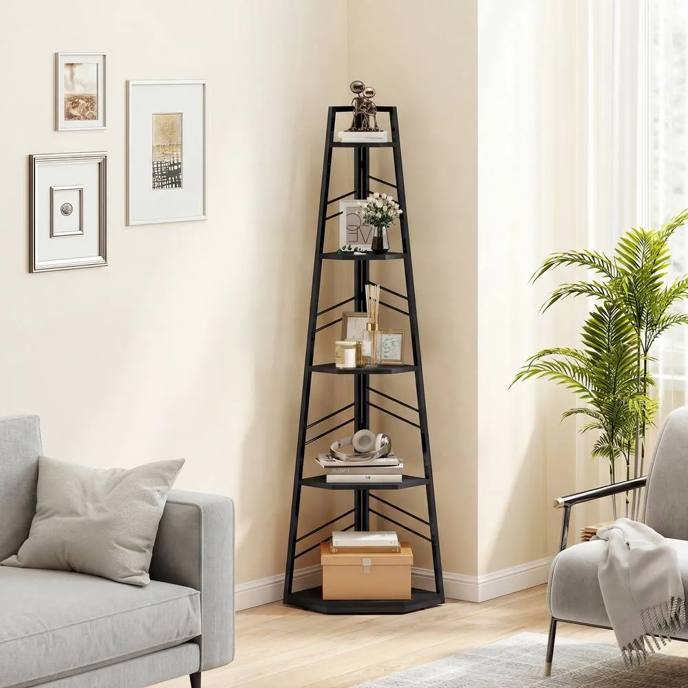 HOMCOM 5-Tier Corner Bookcase, Floor Standing Shelving Unit in Black