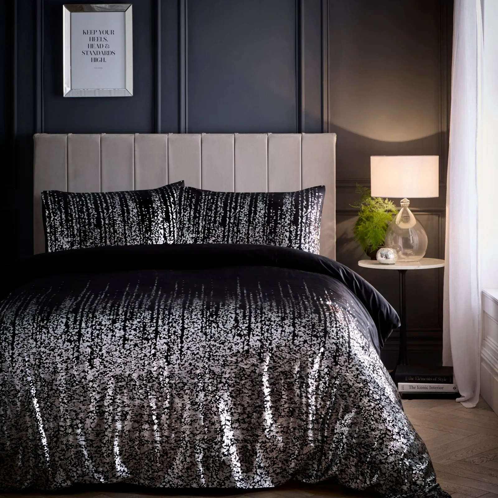 Portfolio Home Marseilles Printed Velvet Metallic Duvet Cover Quilt Set Pillowcase in Black