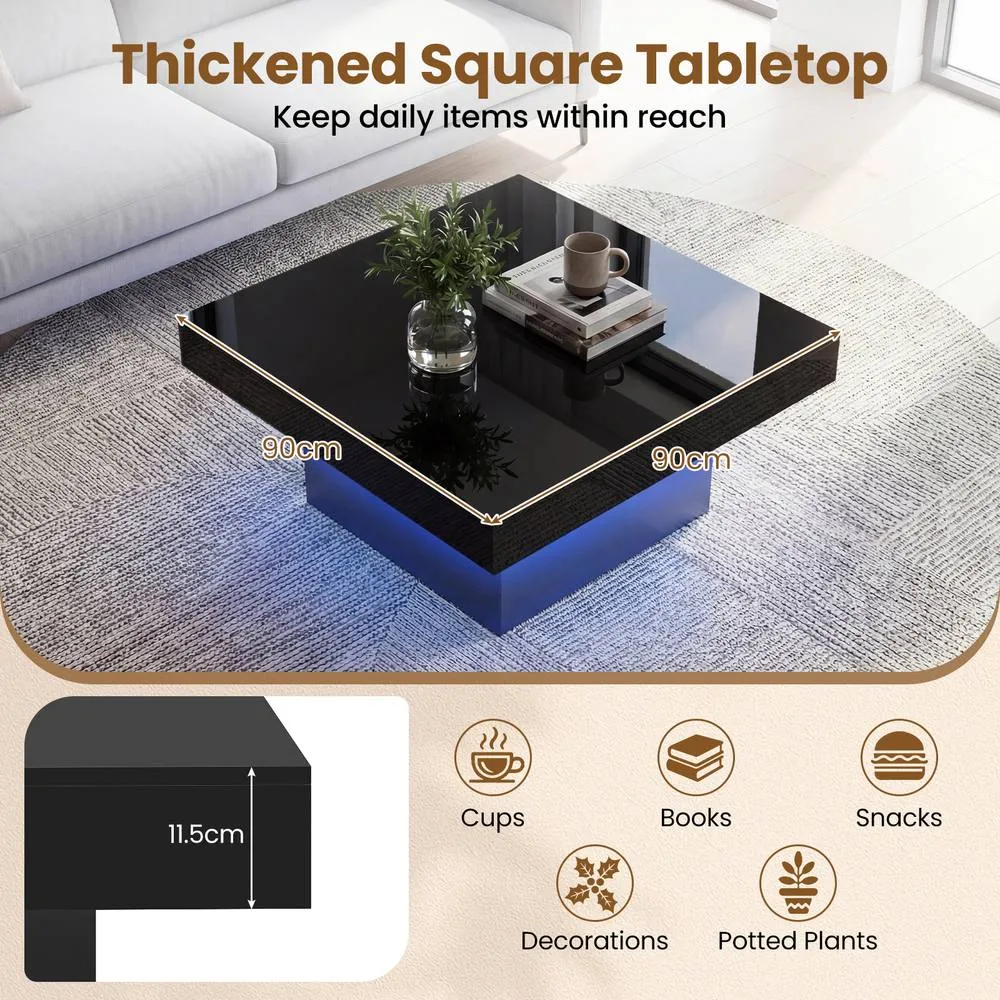 Costway Coffee Table Square Center Table with LED Lights in Black 4