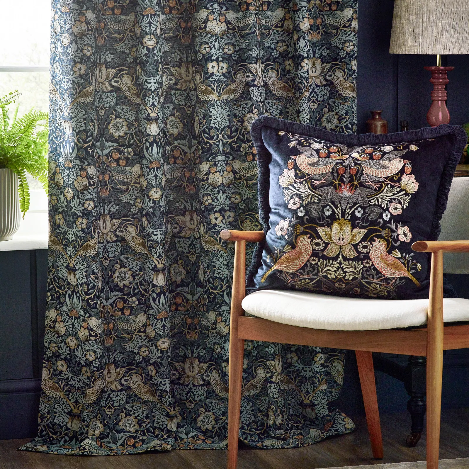 Morris & Co Strawberry Thief Jacquard Floral Room Darkening Pencil Pleat Curtain Pair in Indigo 4
