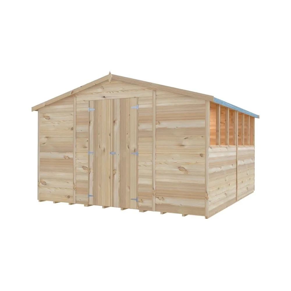 Shires Overlap 10 x 15 Feet Dip Treated Apex Shed Double Door with Windows in Brown 3