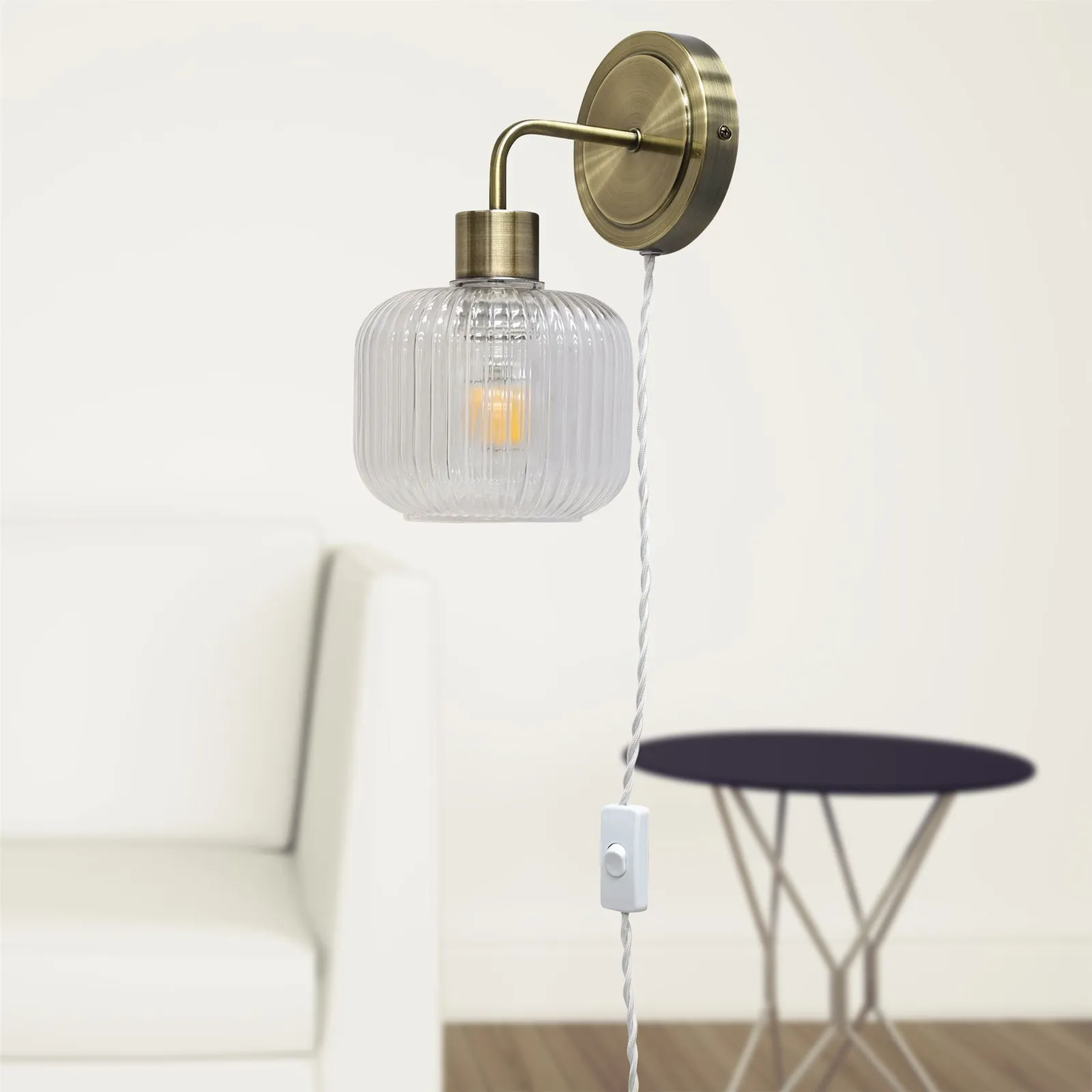 First Choice Lighting Set of 2 Toby - Antique Brass Plug in Wall Lights Ribbed Glass Shades in Gold 5