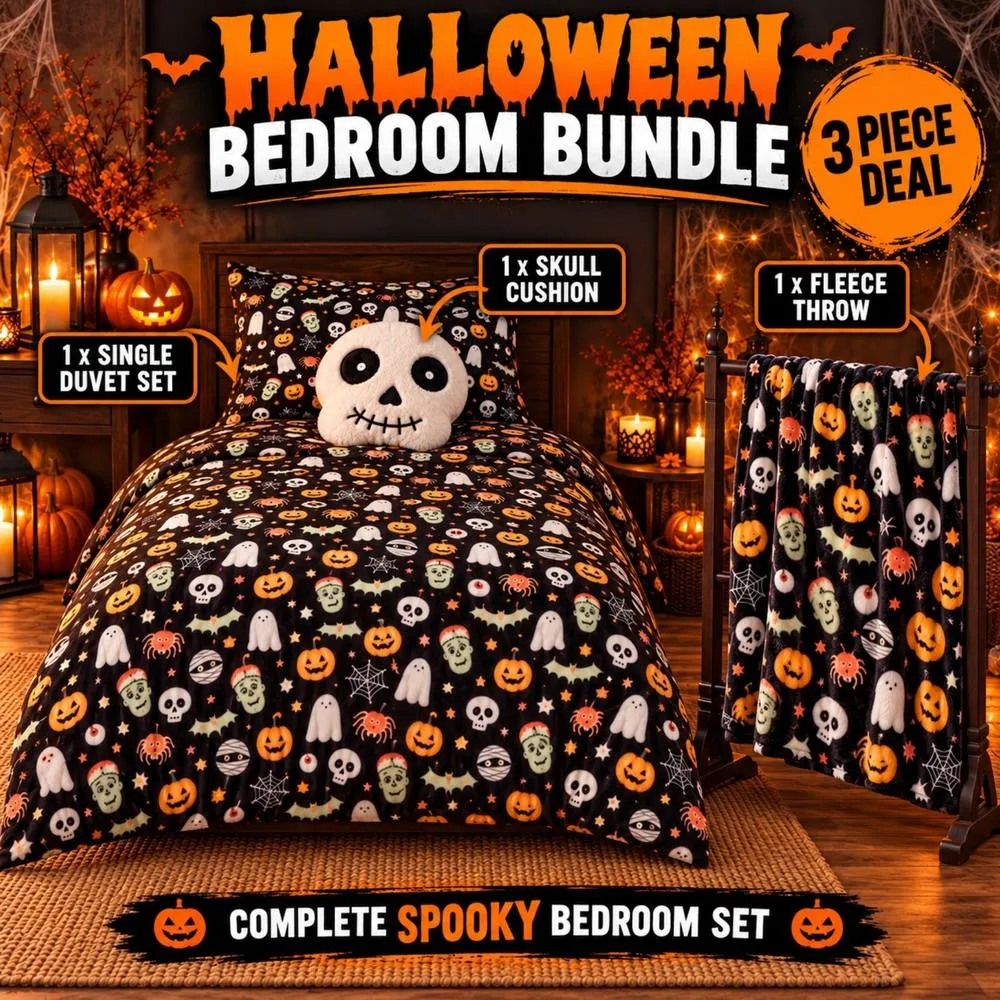 Smart Living 3 Piece Halloween Bedding Bundle Single Duvet Throw Skull Cushion in Black 2