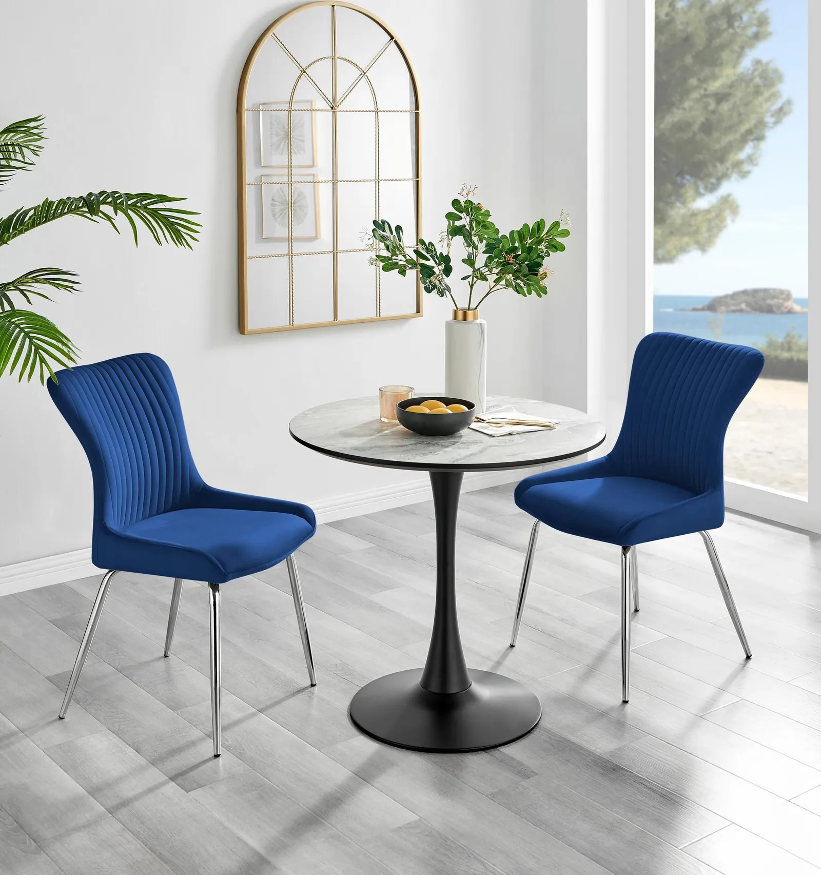 FurnitureboxUK Elina White Marble Effect Scratch Resistant Dining Table & 2 Nora Silver Leg Velvet Chairs in Blue 1