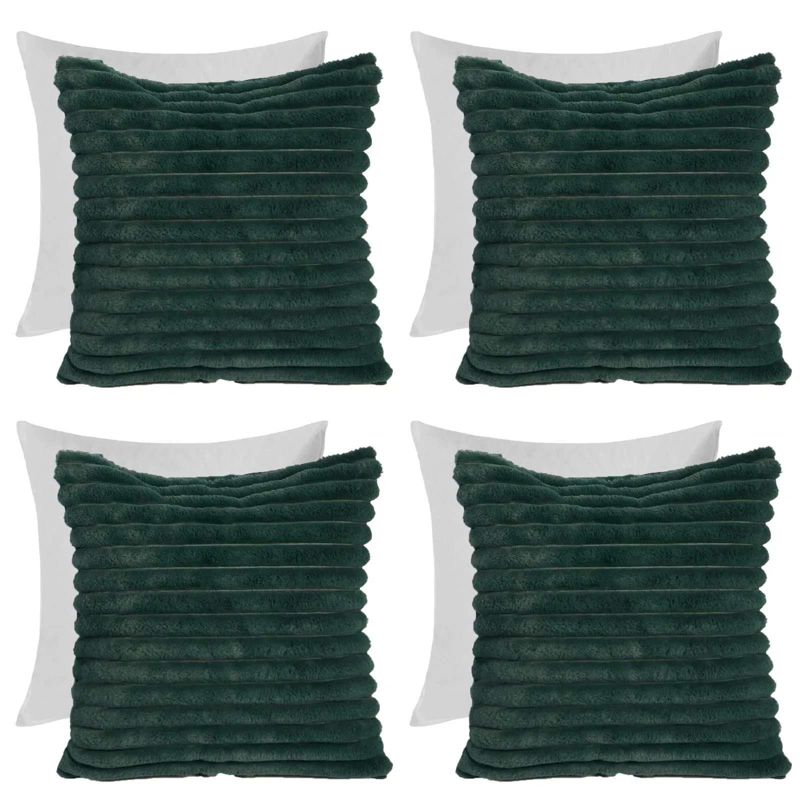 OHS 4 x Faux Fur Thick Rib Filled Cushion Covers in Green