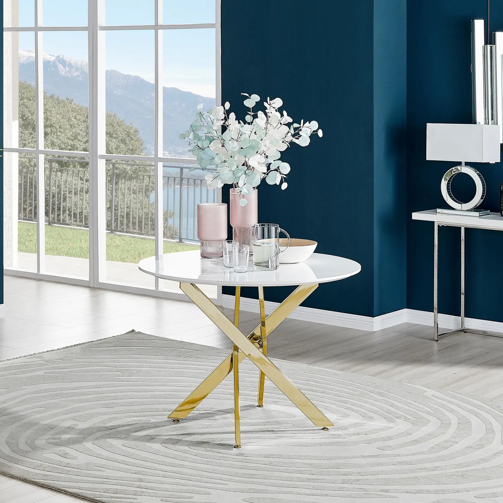 FurnitureboxUK Novara 100cm Round 4-Seater Dining Table With Gold Chrome Legs in White