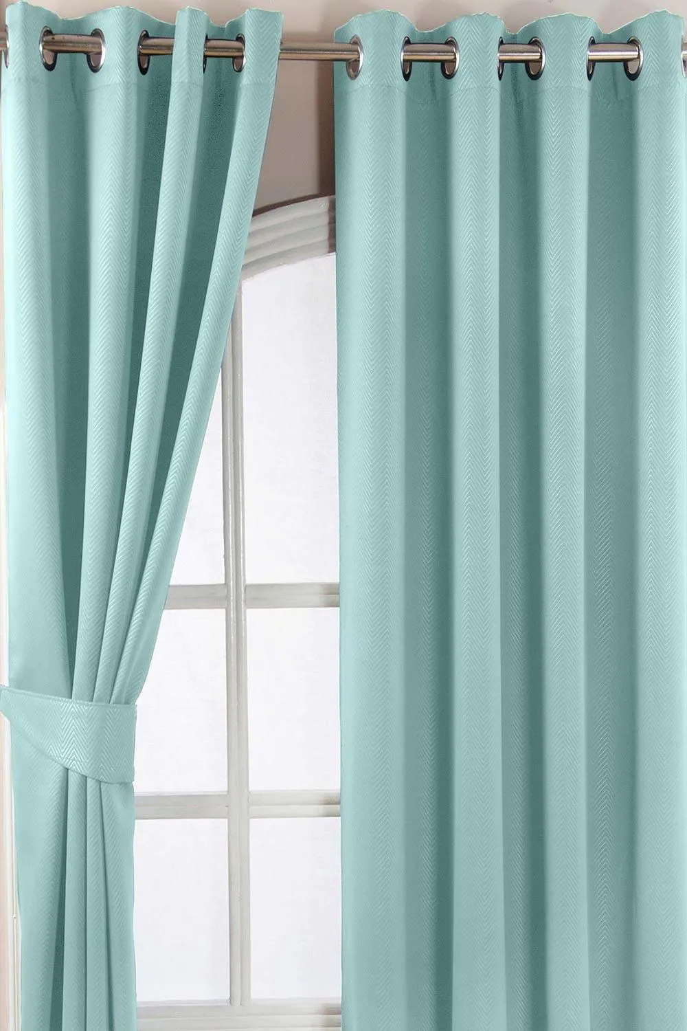Homescapes Herringbone Blackout Curtains Pair Eyelet Style in Light Blue