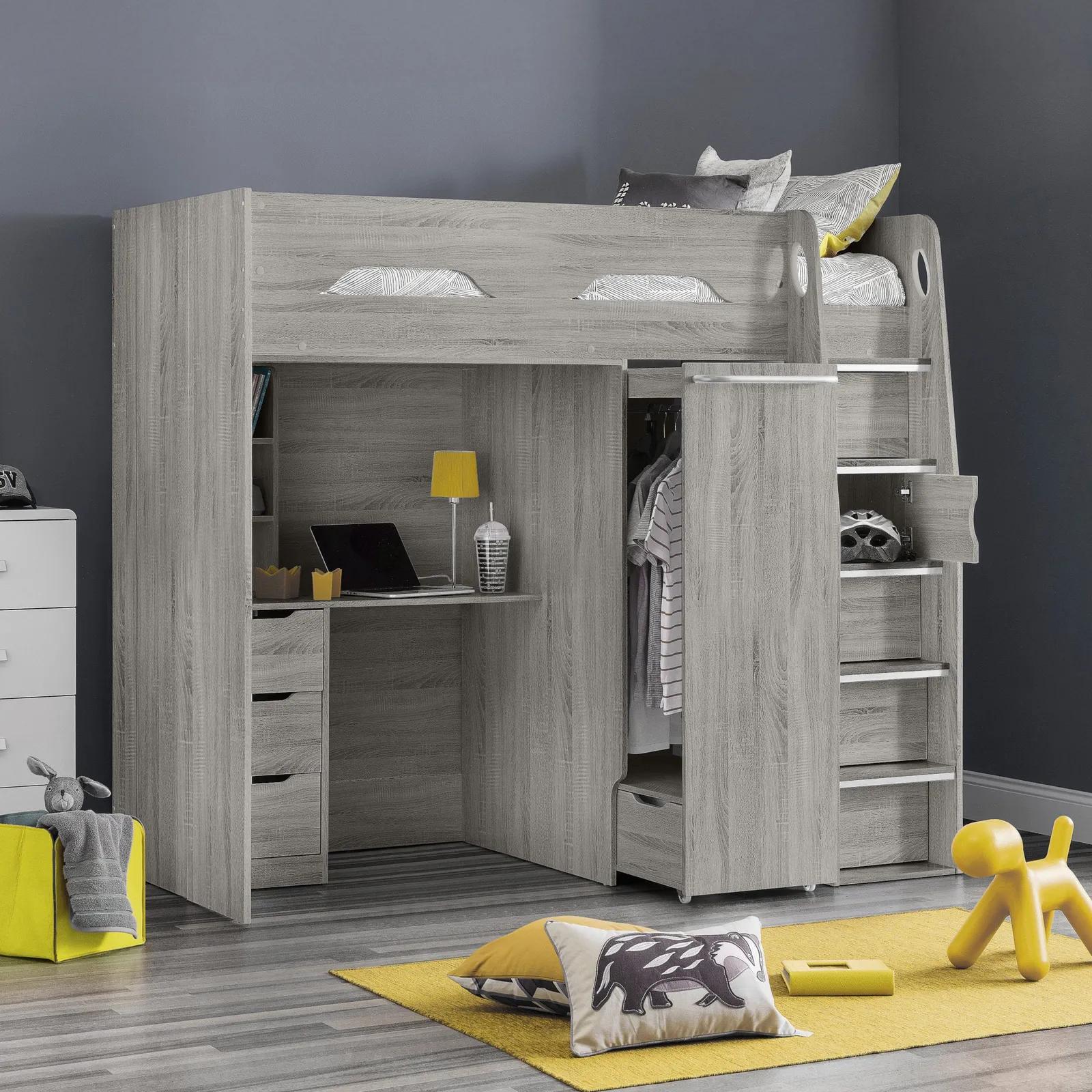 Pegasus - Single - Kids High Sleeper Bed - Wardrobe - Desk and Storage - Grey Oak - Wooden - 3ft - Happy Beds 1