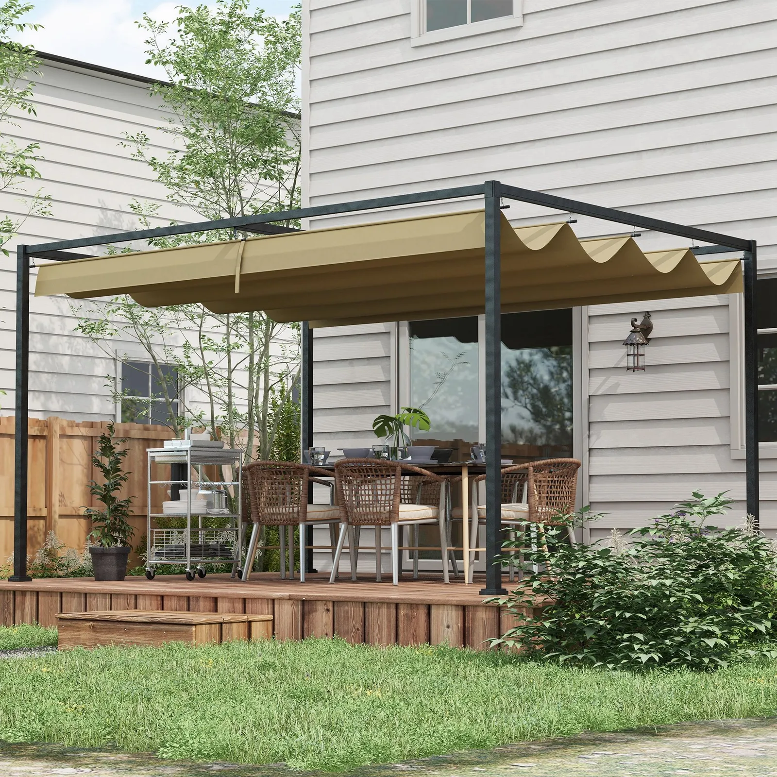 OUTSUNNY 4x3(m) Metal Pergola Gazebo Patio Sunshelter Retractable Canopy in Khaki