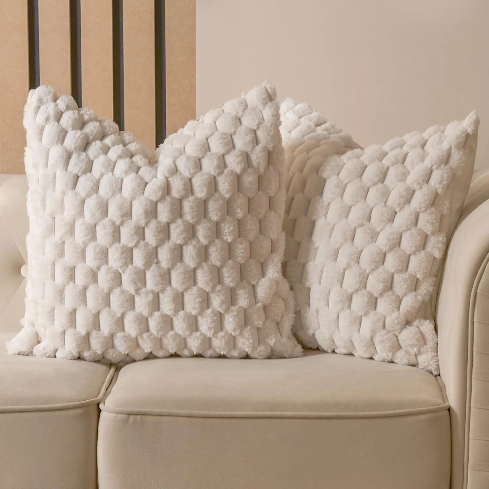 OHS 2 Pack Waffle Faux Fur Cushion Covers - 45 x 45cm in Cream