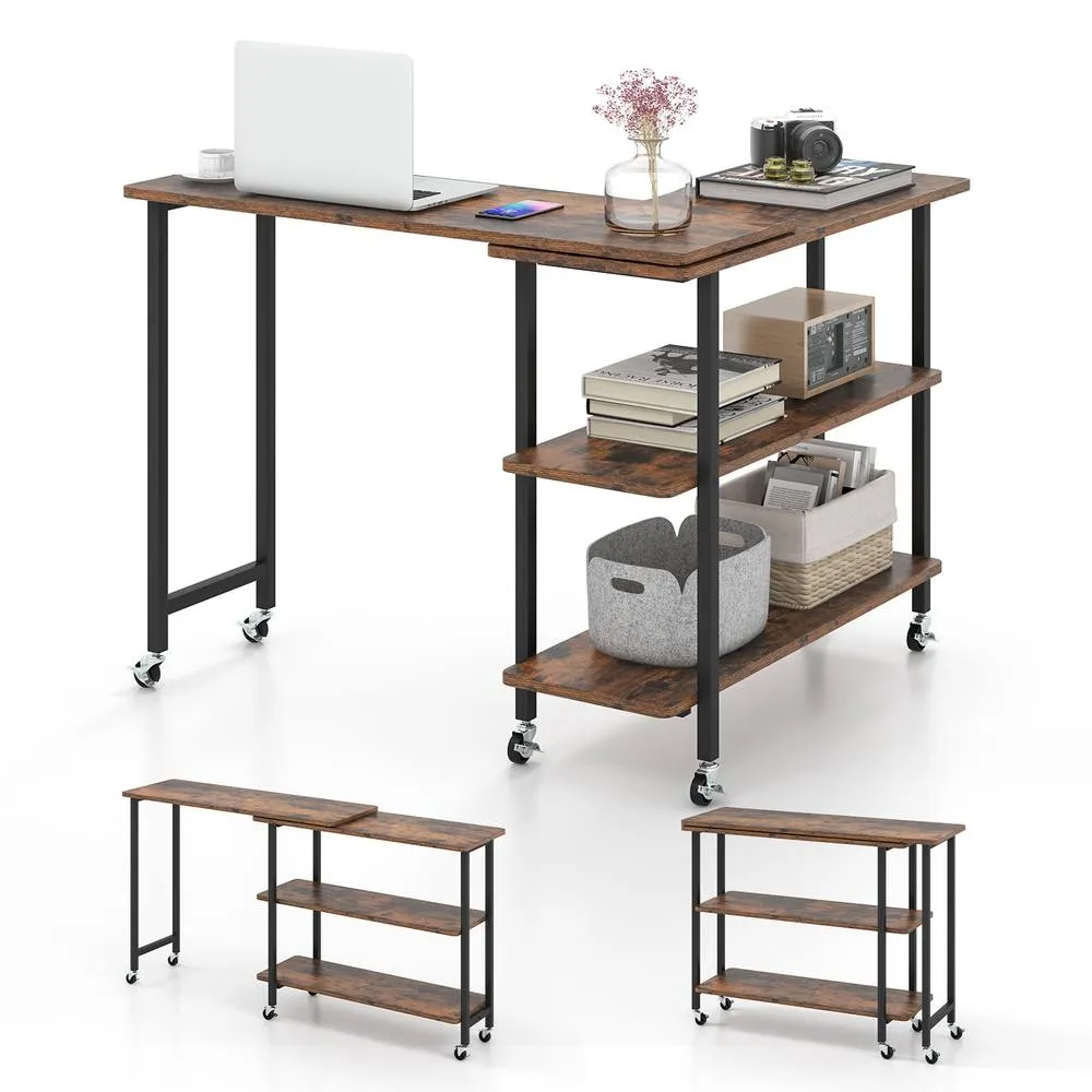 Costway L shaped Mobile 360 Rotating Corner Computer Desk Laptop Computer PC Desk Home Office in Brown