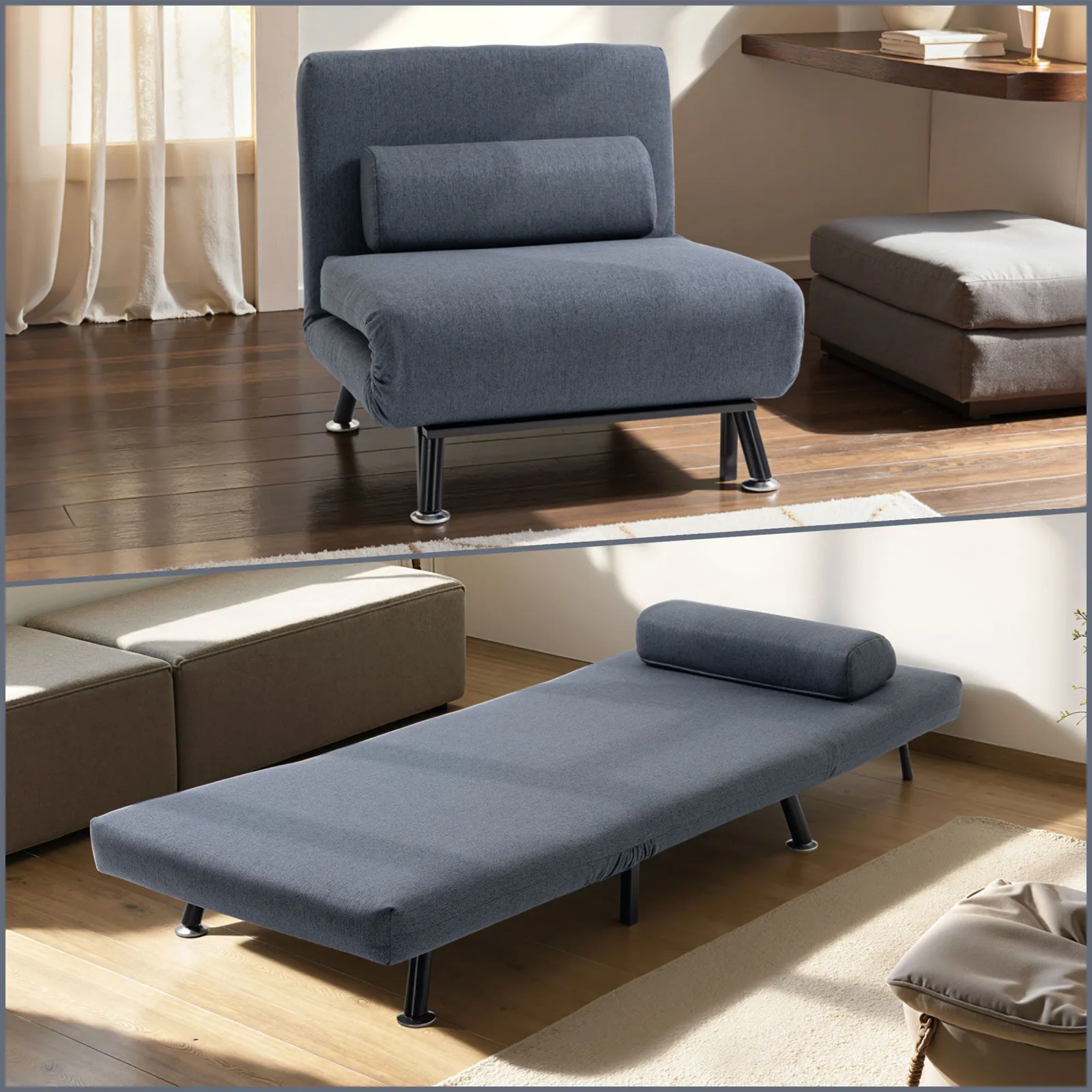 HOMCOM Single Folding 5 Position Convertible Sleeper Chair Sofa Bed in Dark Grey