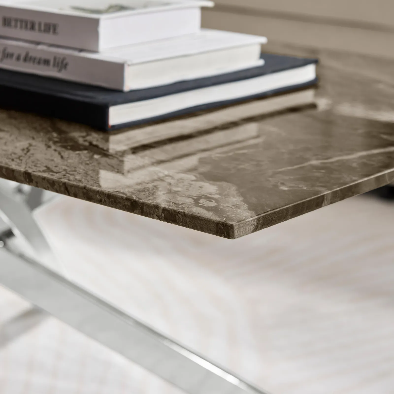 FurnitureboxUK Leonardo Rectangular Marble Effect Glass Top Coffee Table With Silver Metal Starburst Legs in Grey 4