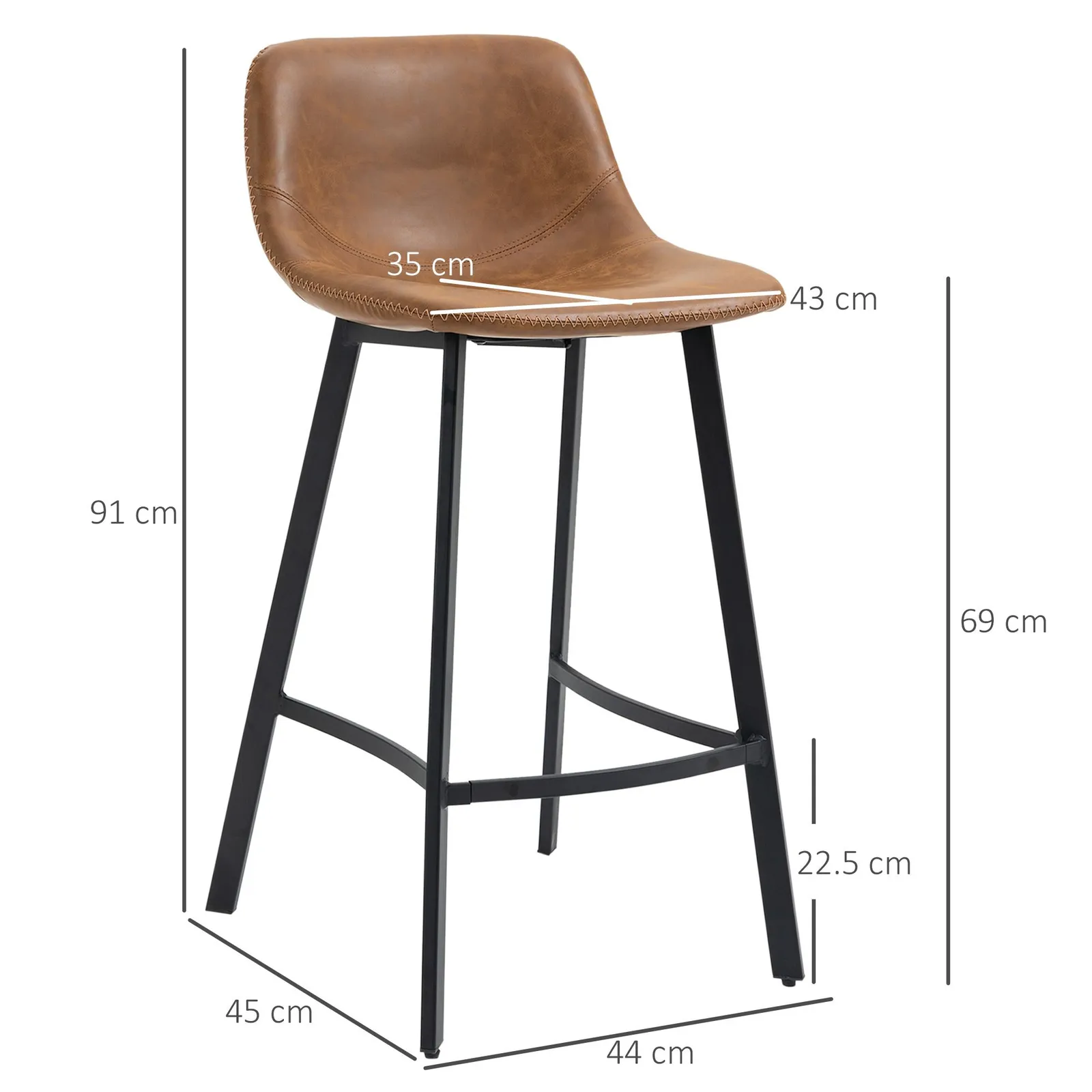 HOMCOM Industrial Bar Stools Set of 2, Upholstered Kitchen Stool in Brown 3