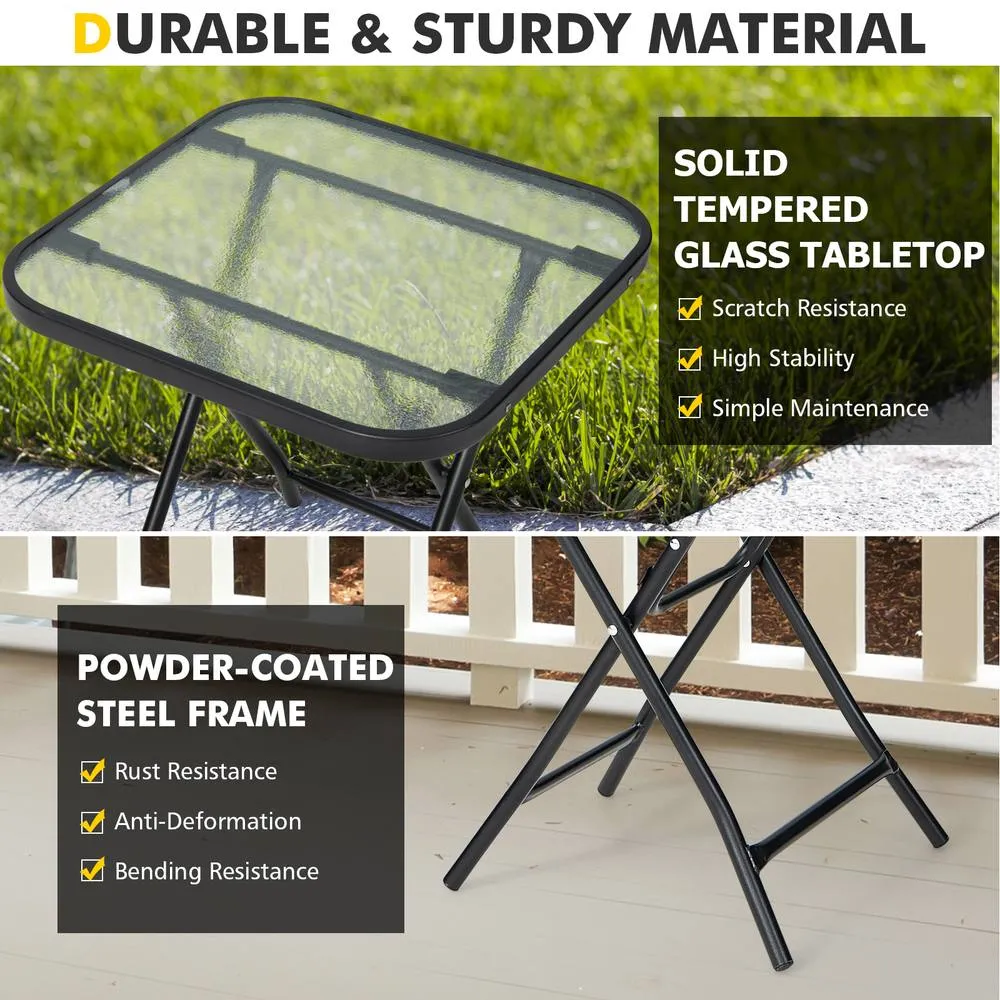 Costway Folding Square Patio Bistro Table Tempered W/ Glass Tabletop Outdoor Coffee Table in Black 4