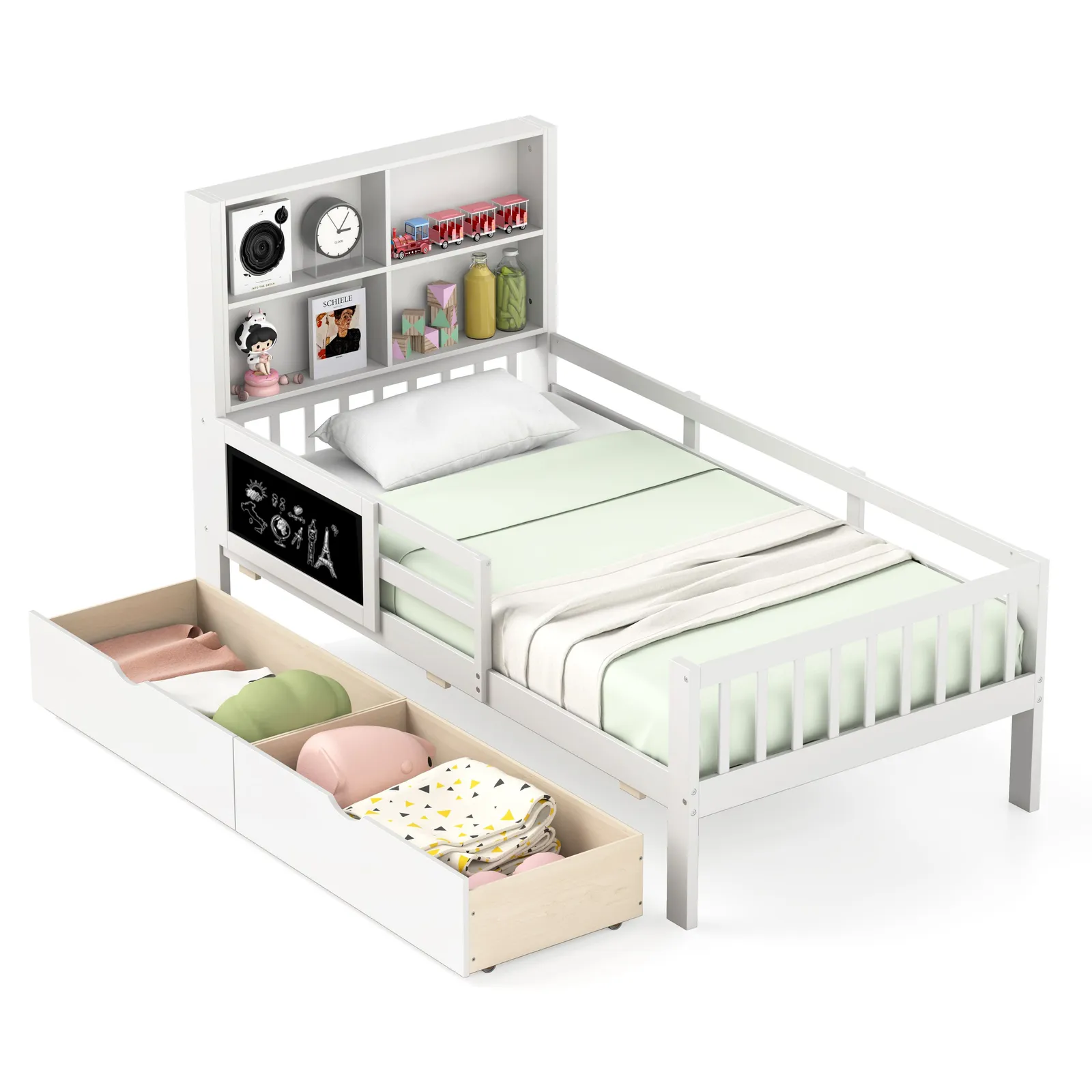 Costway Single Size Bed Frame Solid Wood Platform Bed w/2 Storage Drawers in White