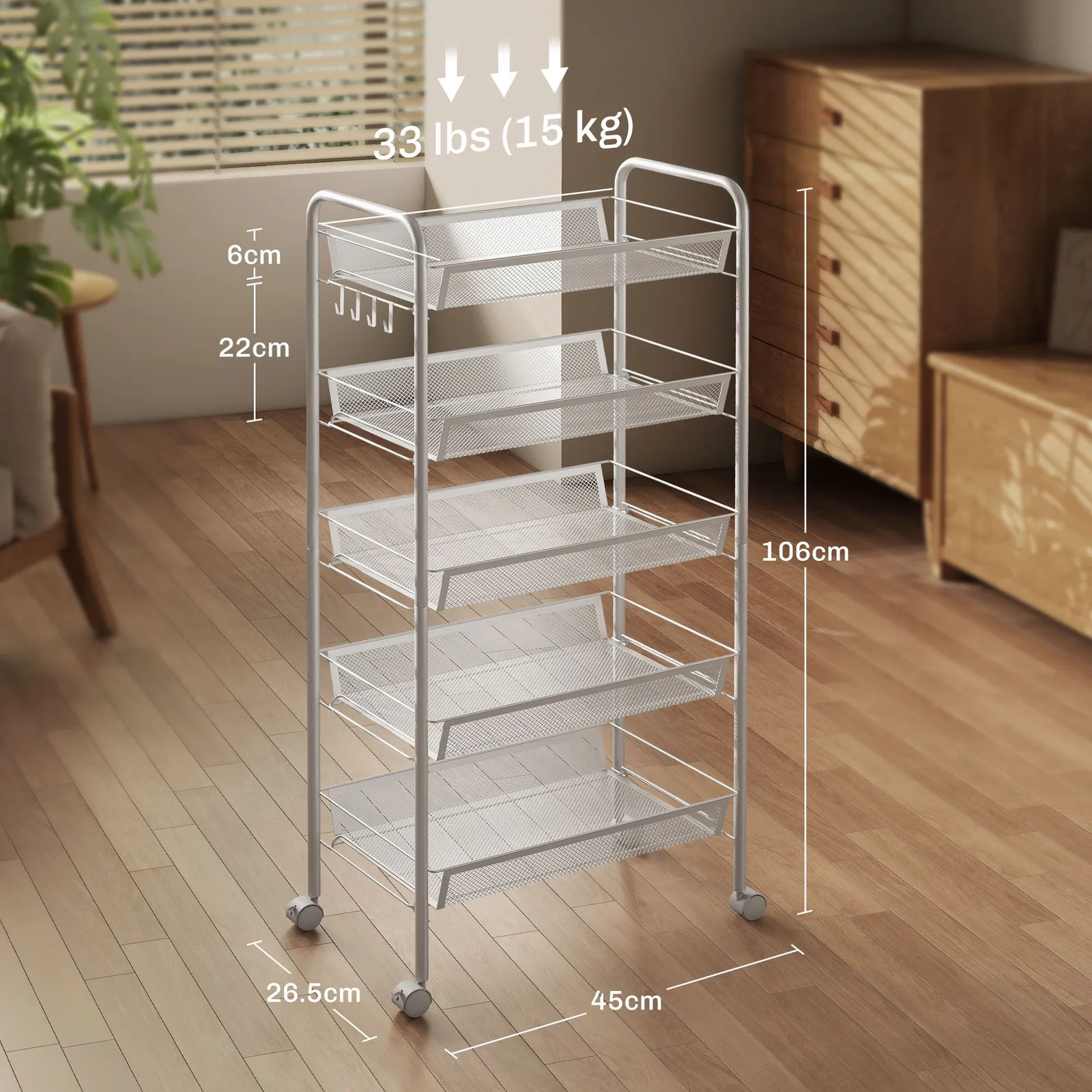 HOMCOM 5 Tier Utility Rolling Cart with Removable Mesh Baskets, White 3
