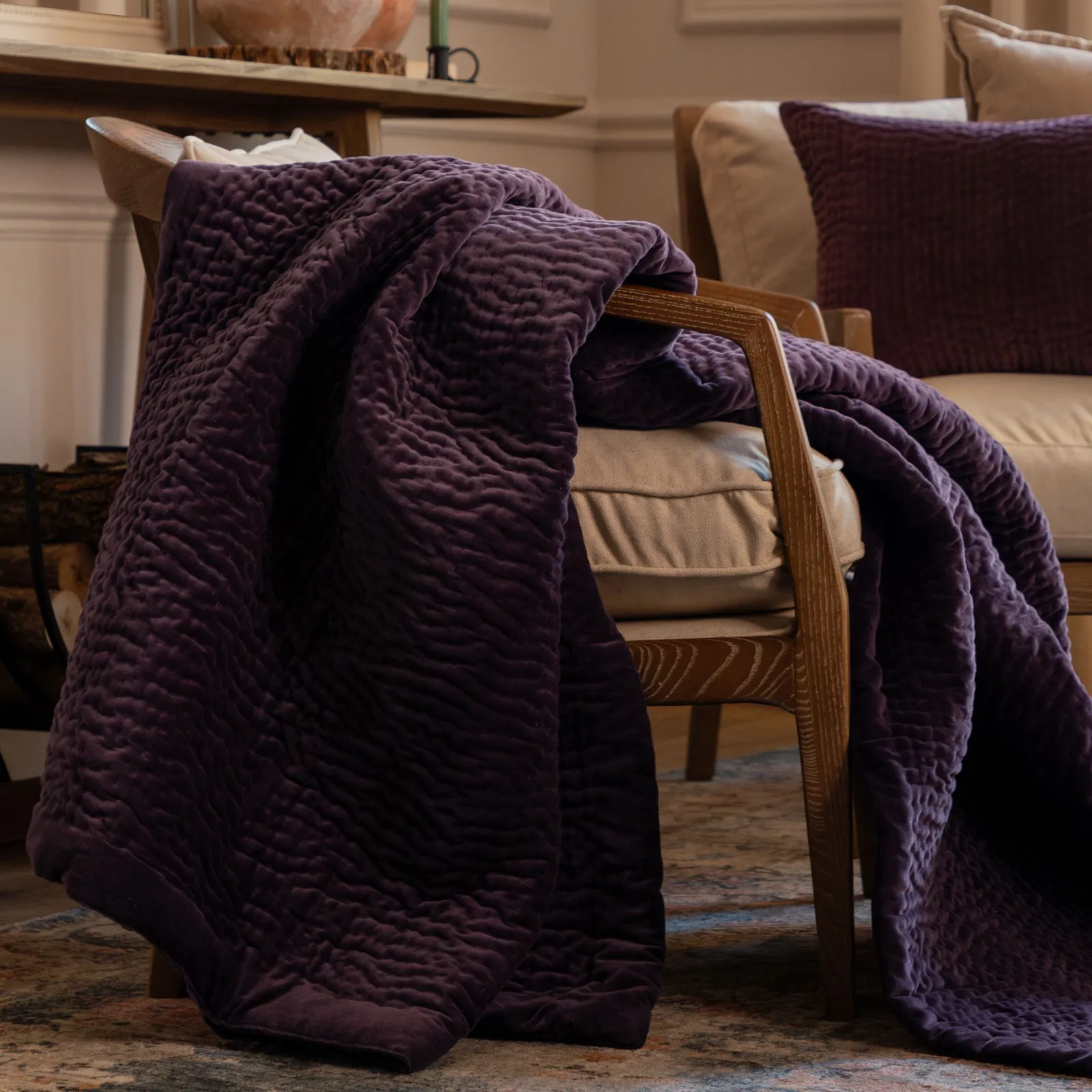 Voyage Maison Haze 100% Cotton Velvet Quilted Throw in Plum