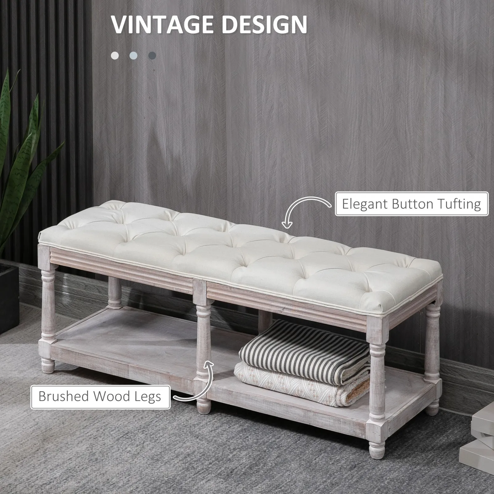 HOMCOM Rack Bench w/ Button Tufted Seat Cushion for Living Room Hallway Bedroom in Cream 4