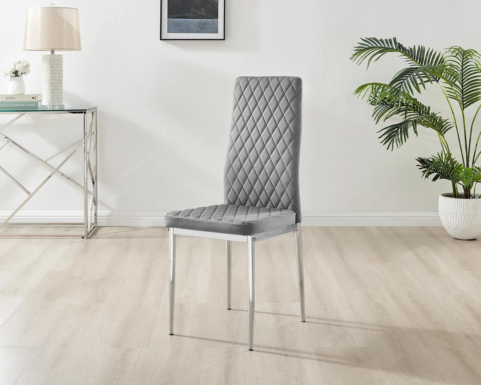 FurnitureboxUK Set of 4 Milan High Back Soft Touch Diamond Pattern Velvet Dining Chairs With Silver Chrome Metal Legs in Grey 3