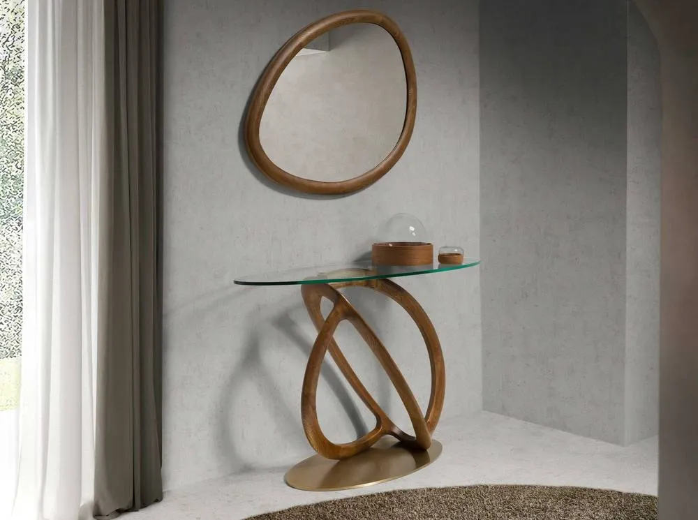 Angel Cerda Oval Console Table Tempered Glass Top, Walnut Legs 3