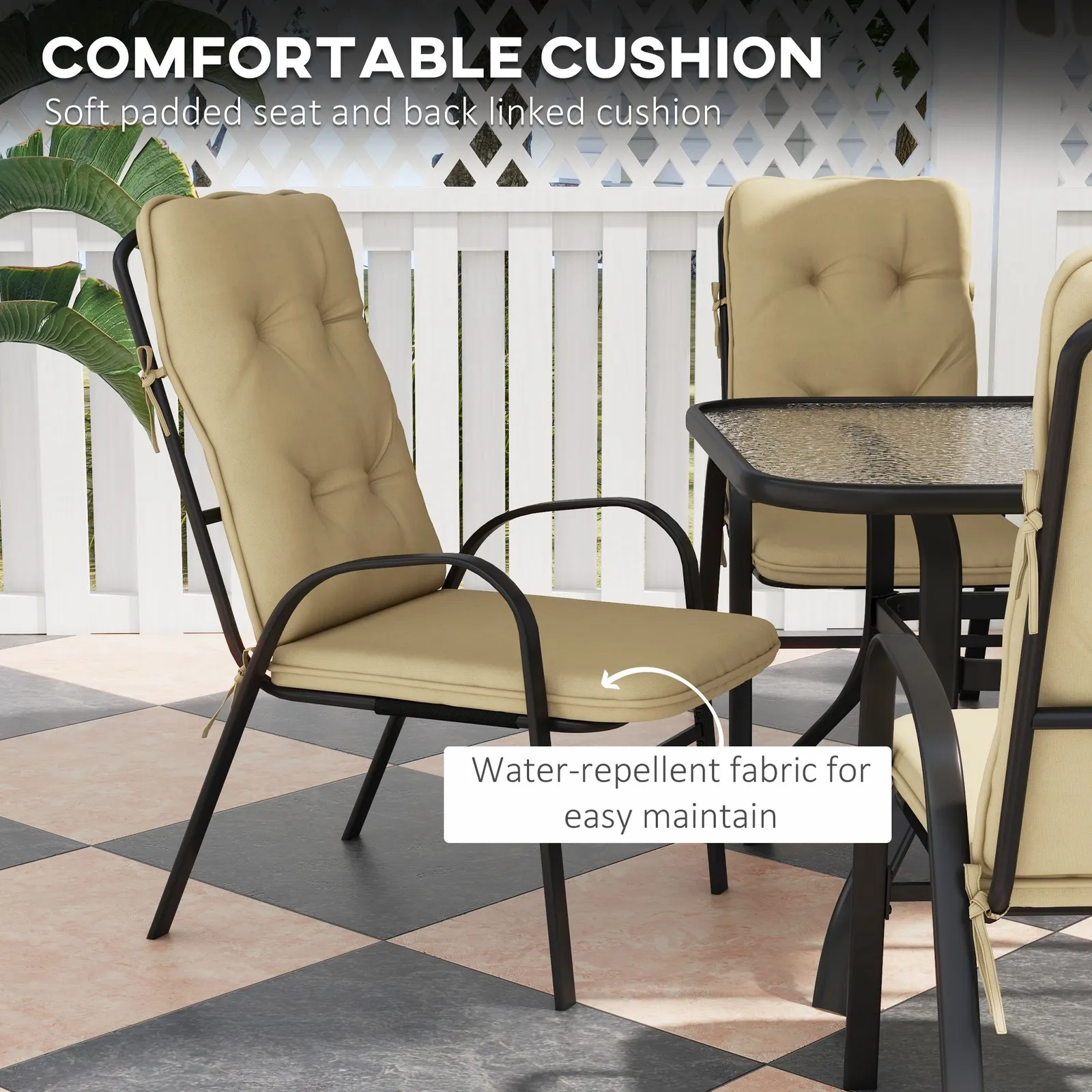 OUTSUNNY 7 PCs Garden Dining Set w/ Umbrella Hole & Cushion in Beige 6