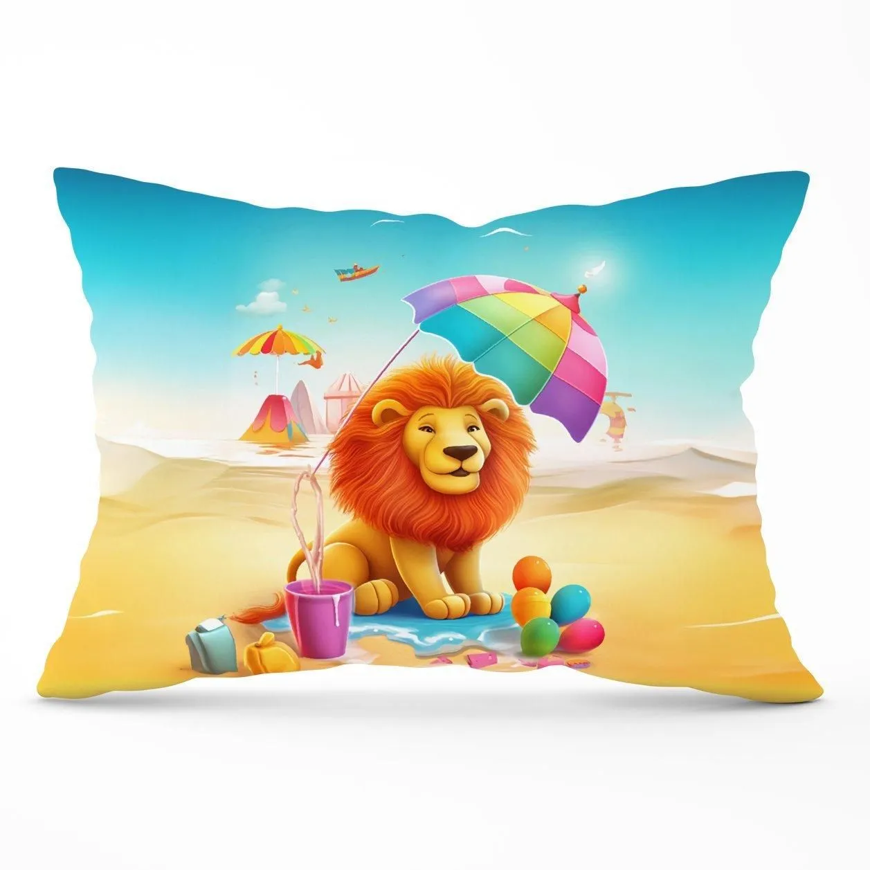 Warren Reed - Designer Lion On A Beach Holiday Cushions in Yellow