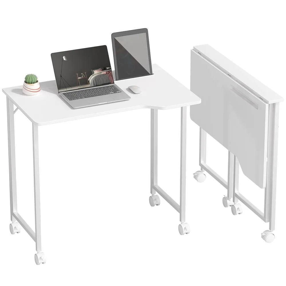 HOMCOM Small Writing Desk with Wheels, Folding Study Table in White 2