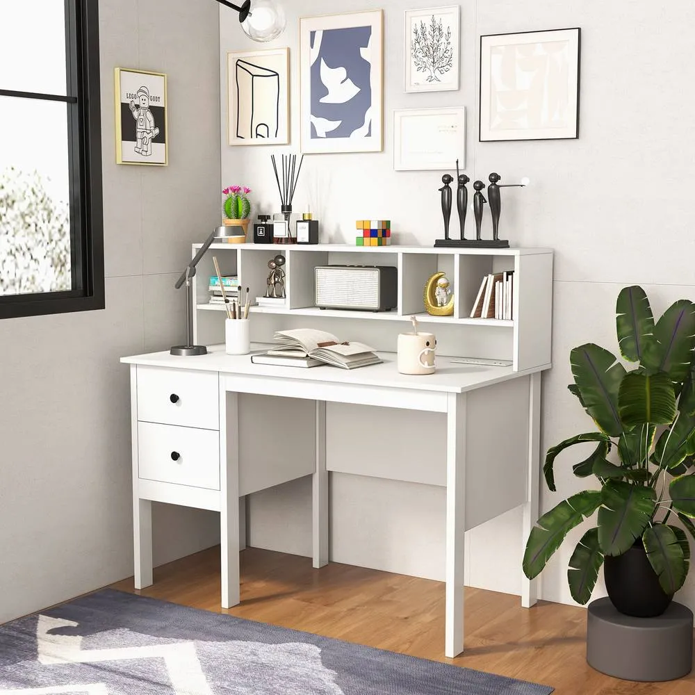Costway Computer Desk 120 CM Writing Desk with Power Outlets & Drawers in White 2