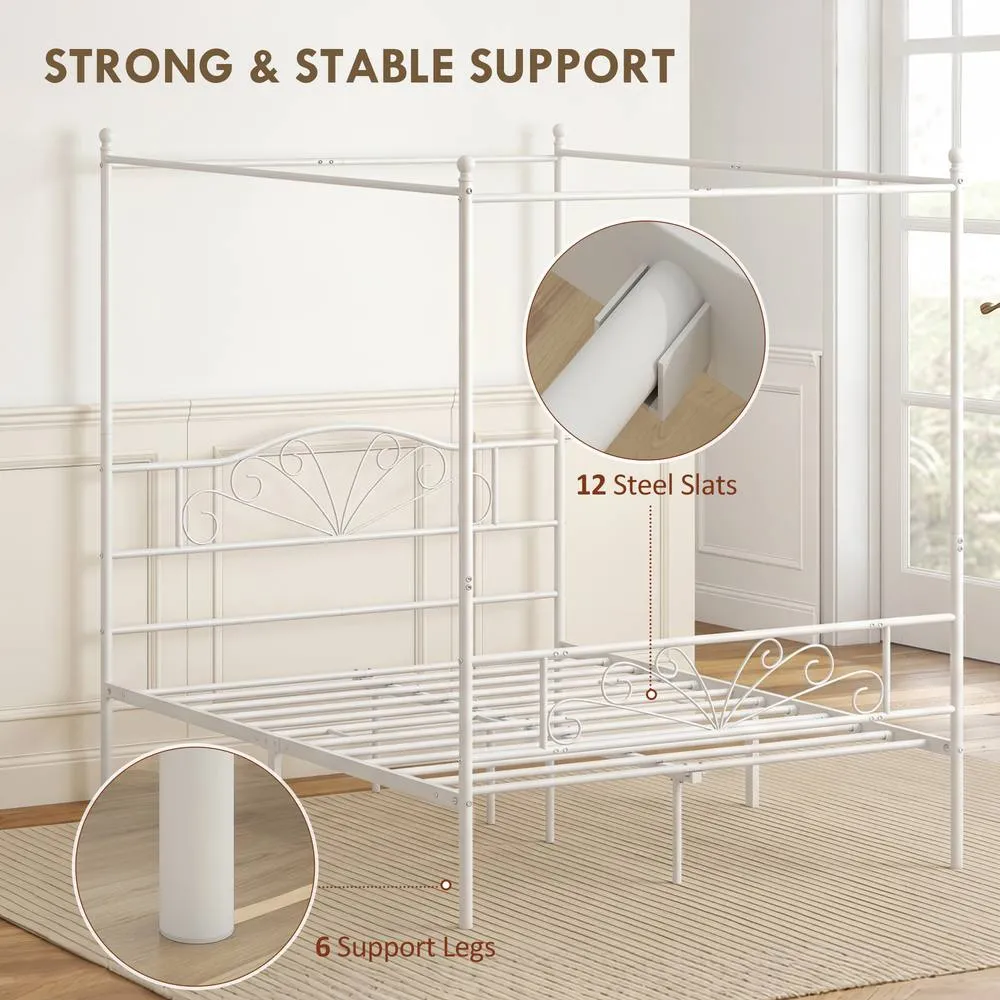 HOMCOM Canopy Bed Frame Double Size, Metal Platform Bed Frame, White 6