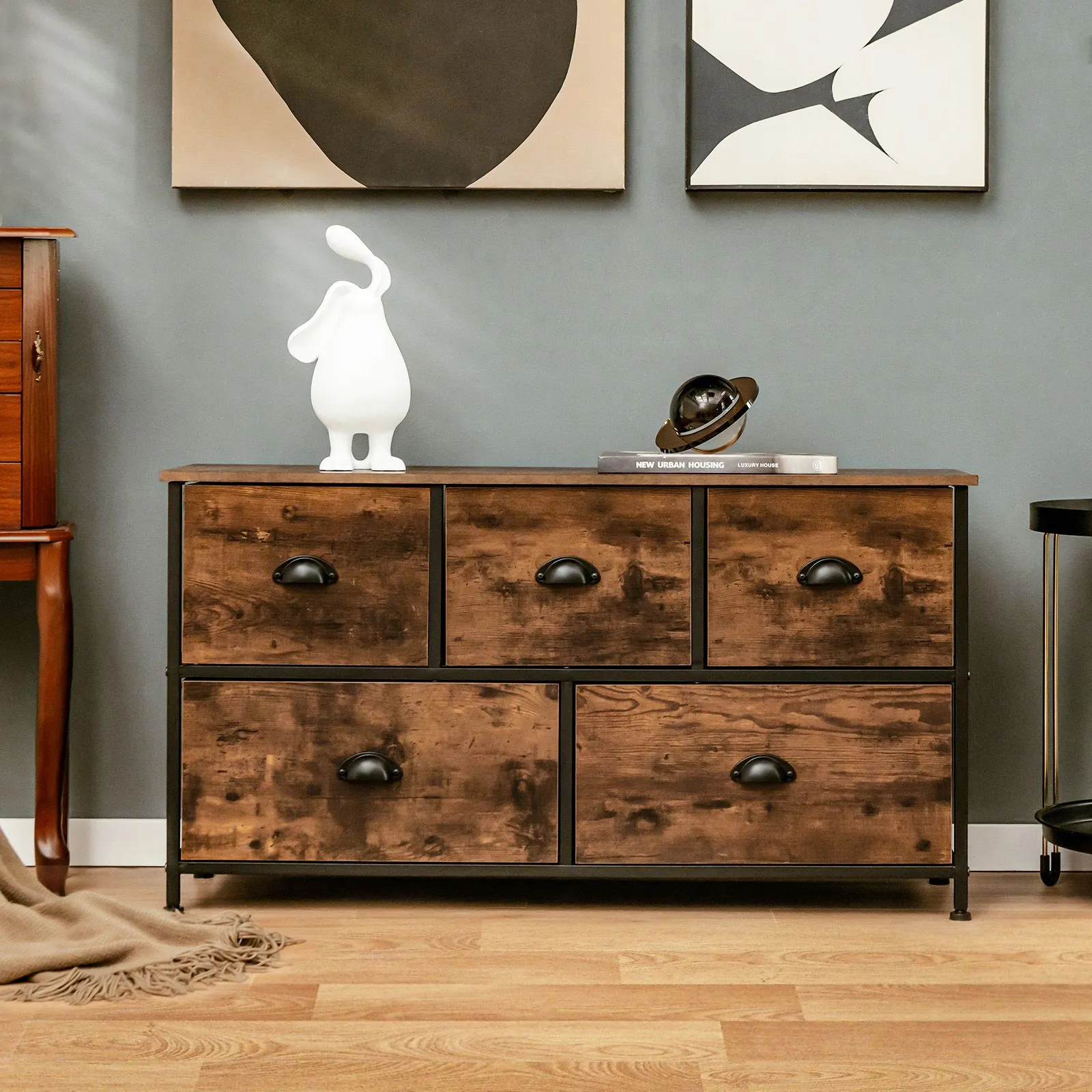 Costway 2-Tier Fabric Storage Organizer 5 Drawers Dresser Organizer Chest of Drawers in Brown 3